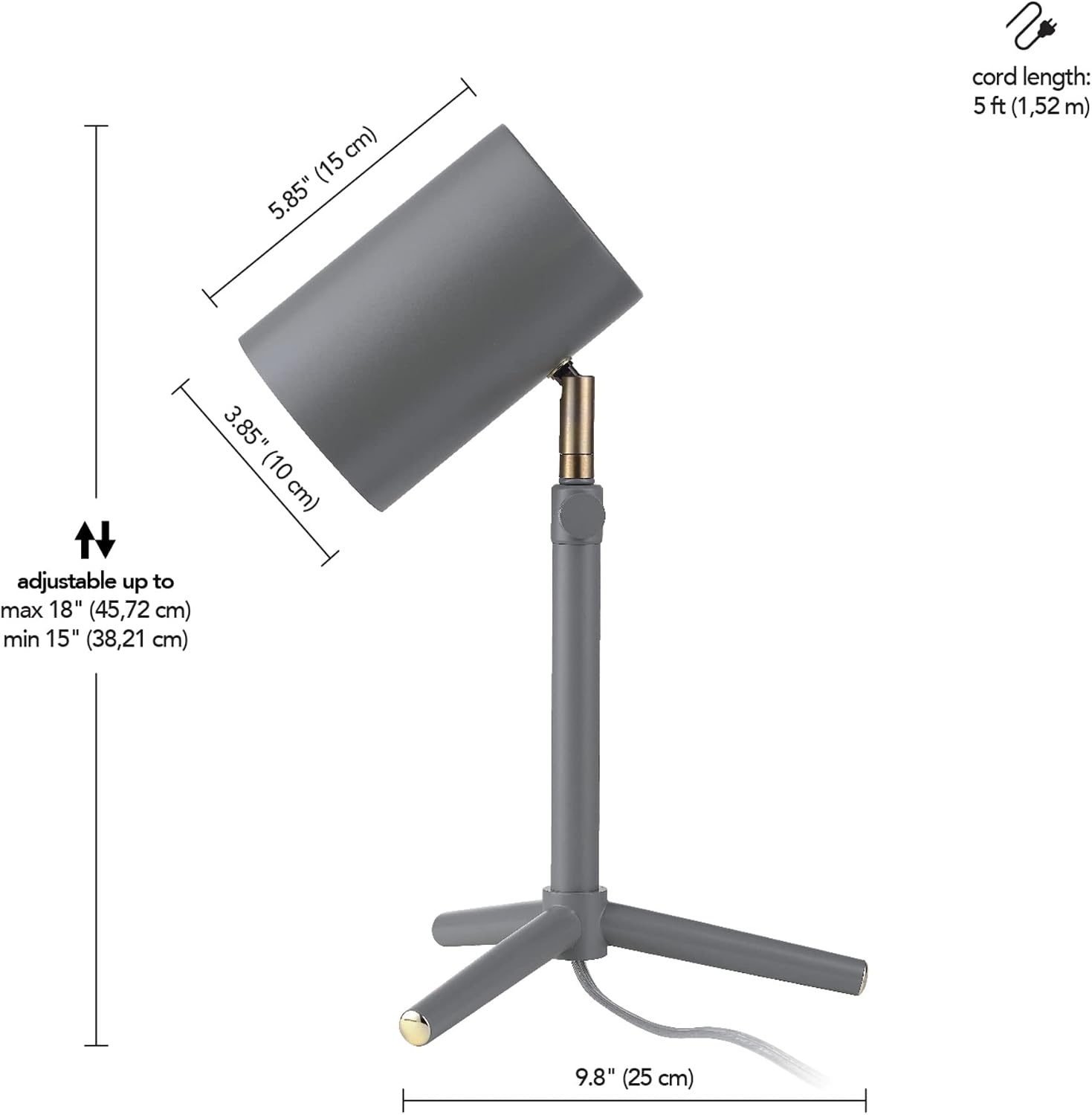 image:imageGLOBE Electric 30298 Pratt 18 Adjustable Height Desk Lamp Matte Gray Brass Pivot Joint inLine OnOff Rocker SwitchMatte Gray
