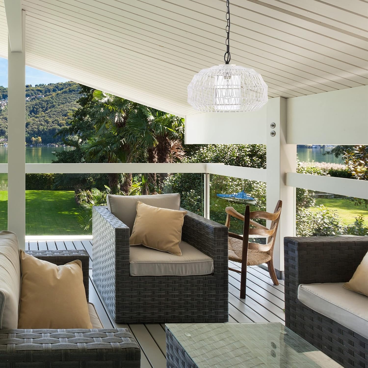 image:imageGLOBE Electric 44760 1Light Outdoor Plugin Pendant Light White Woven Fabric Shade Matte White Designer White Fabric Hanging Cord Kitchen Island Cafe Ceiling Light Bulb Not Included