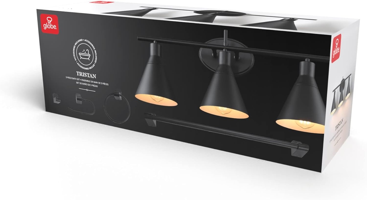 image:imageGLOBE Electric 63000058 5Piece AllinOne Bathroom Accessory Set Brass amp Black 3Light Vanity Light Towel Bar Toilet Paper Holder Towel Ring Robe Hook Bathroom Lights Over MirrorMatte Black Tristan 5Piece