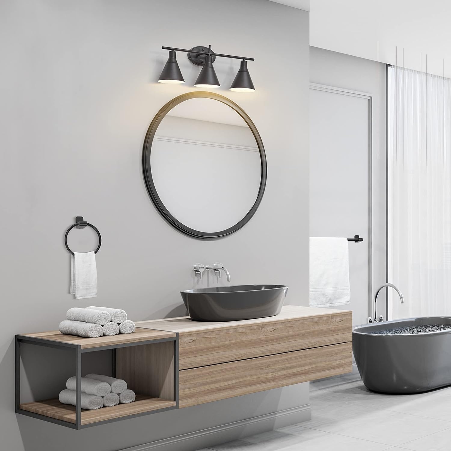 image:imageGLOBE Electric 63000058 5Piece AllinOne Bathroom Accessory Set Brass amp Black 3Light Vanity Light Towel Bar Toilet Paper Holder Towel Ring Robe Hook Bathroom Lights Over MirrorMatte Black Tristan 5Piece