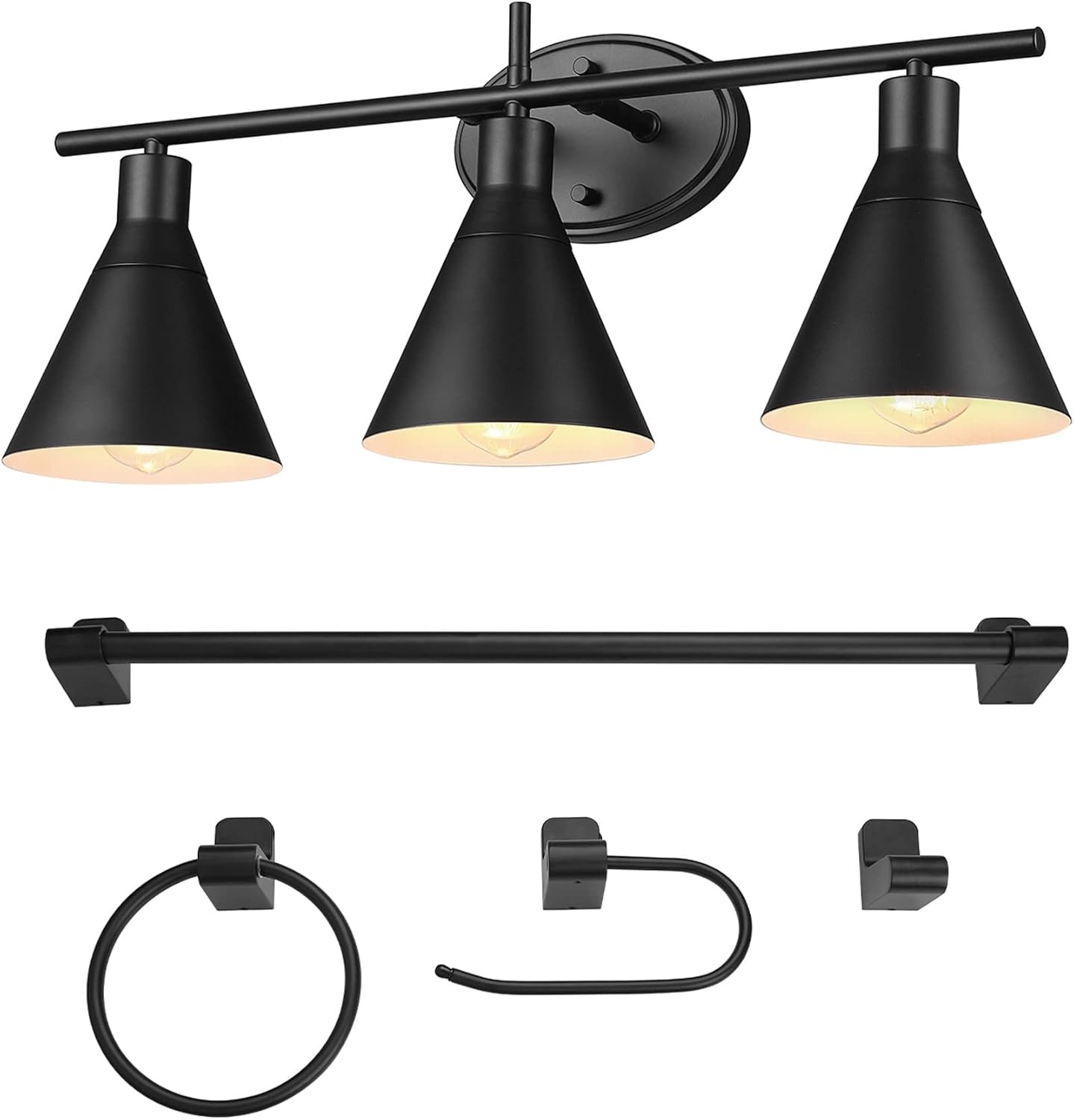 image:imageGLOBE Electric 63000058 5Piece AllinOne Bathroom Accessory Set Brass amp Black 3Light Vanity Light Towel Bar Toilet Paper Holder Towel Ring Robe Hook Bathroom Lights Over MirrorMatte Black Tristan 5Piece