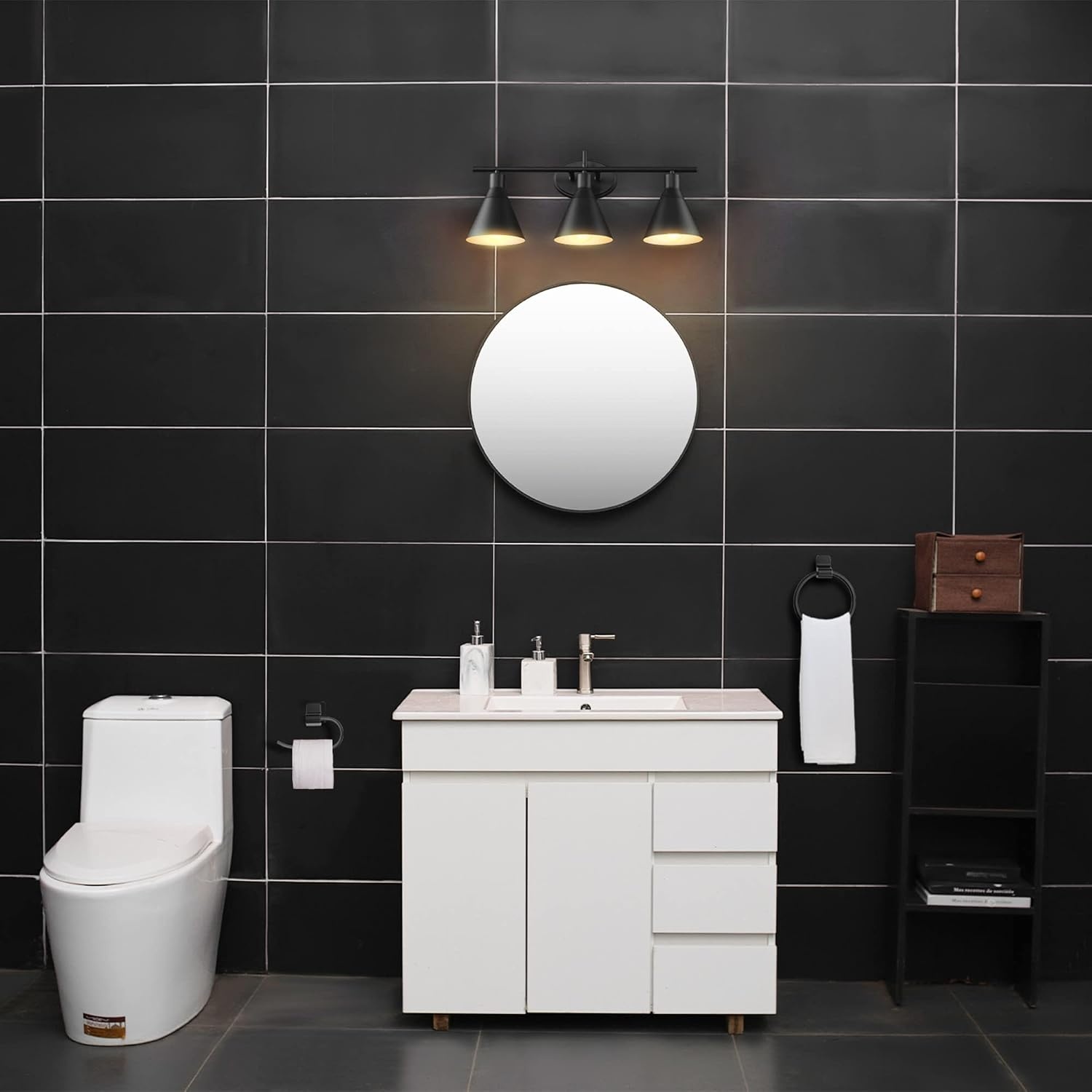 image:imageGLOBE Electric 63000058 5Piece AllinOne Bathroom Accessory Set Brass amp Black 3Light Vanity Light Towel Bar Toilet Paper Holder Towel Ring Robe Hook Bathroom Lights Over MirrorMatte Black Tristan 5Piece