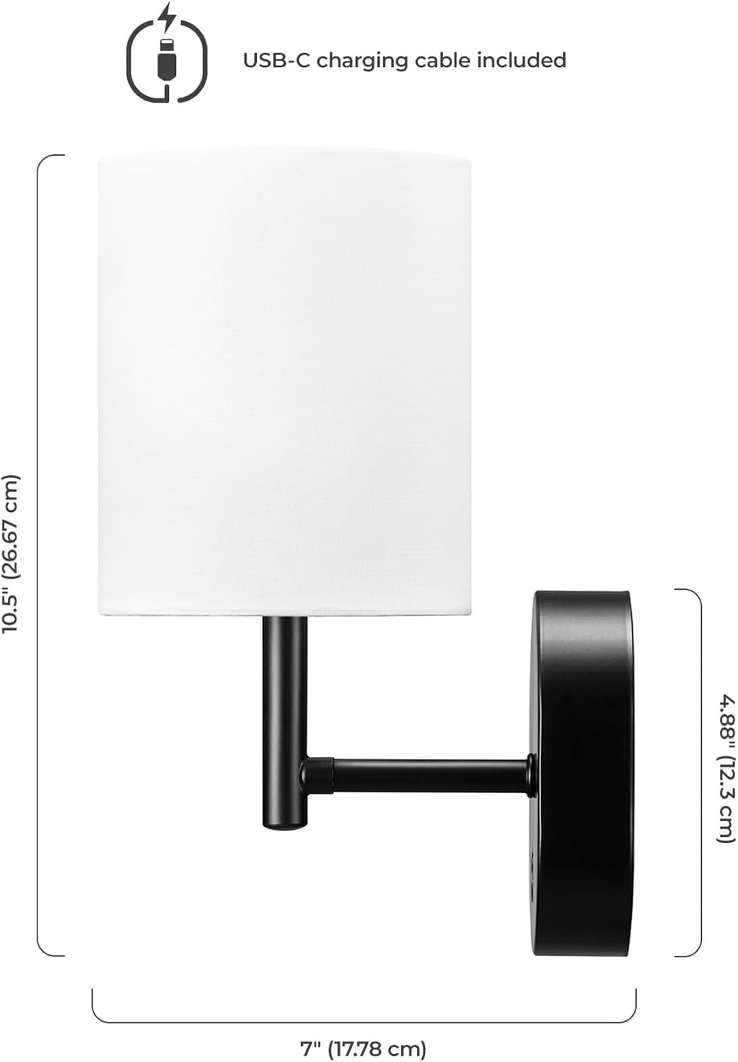 image:imageGLOBE Electric 65000108 Rechargeable Battery Wall Sconce LED Integrated Matte Black White Fabric Shade 3 Brightness Levels USBC Cable Included 15W 150 Lumens 3000 Kelvin 90CRI