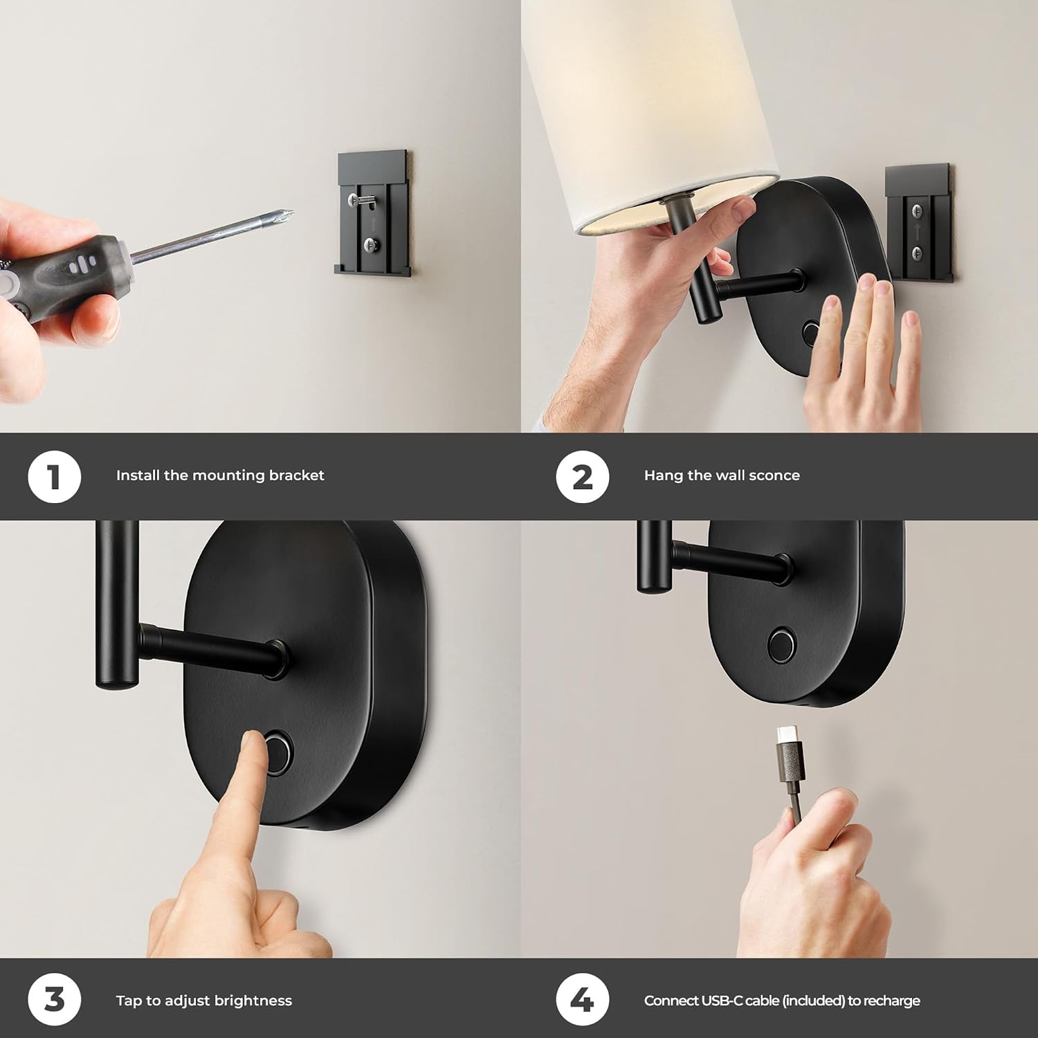 image:imageGLOBE Electric 65000108 Rechargeable Battery Wall Sconce LED Integrated Matte Black White Fabric Shade 3 Brightness Levels USBC Cable Included 15W 150 Lumens 3000 Kelvin 90CRI