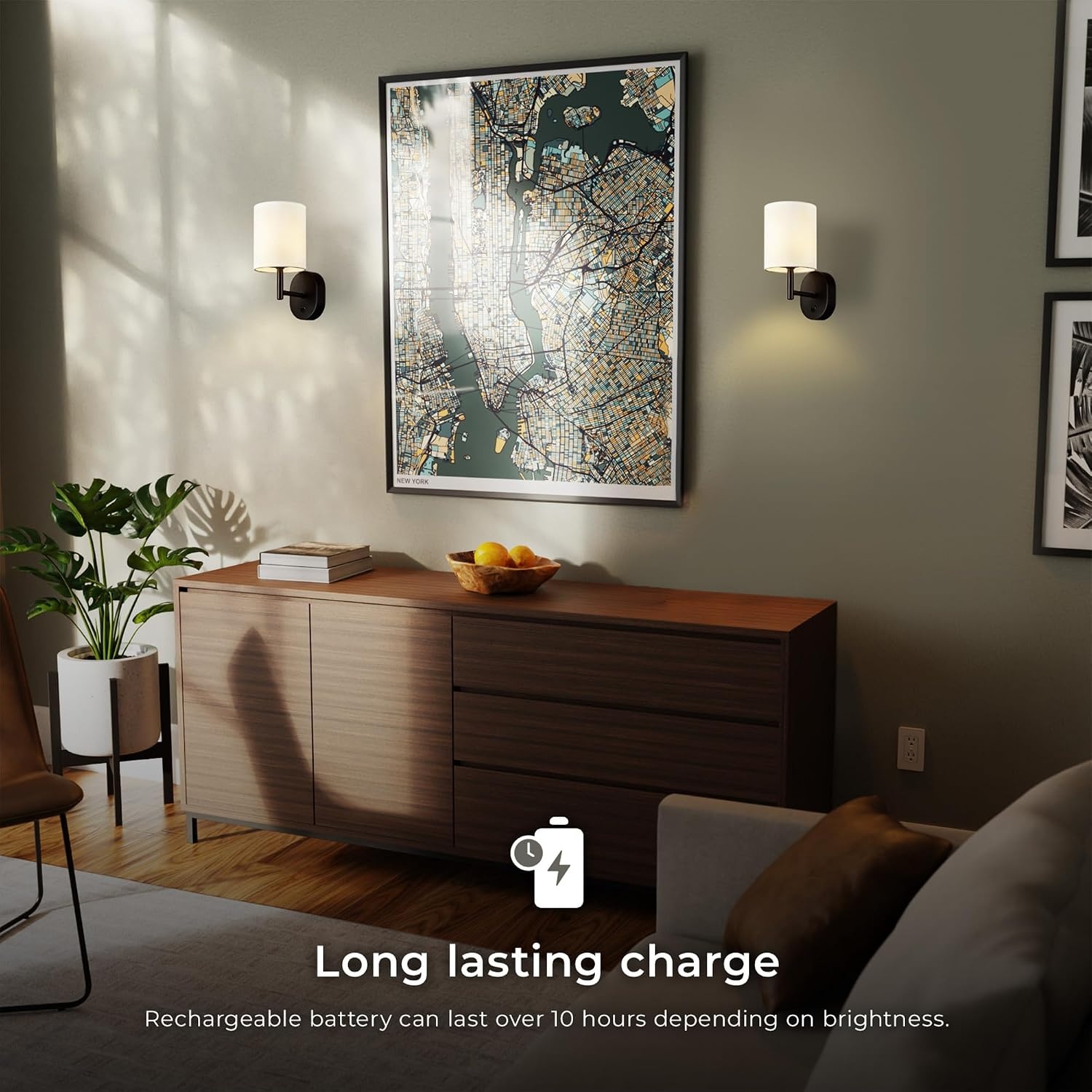 image:imageGLOBE Electric 65000108 Rechargeable Battery Wall Sconce LED Integrated Matte Black White Fabric Shade 3 Brightness Levels USBC Cable Included 15W 150 Lumens 3000 Kelvin 90CRI