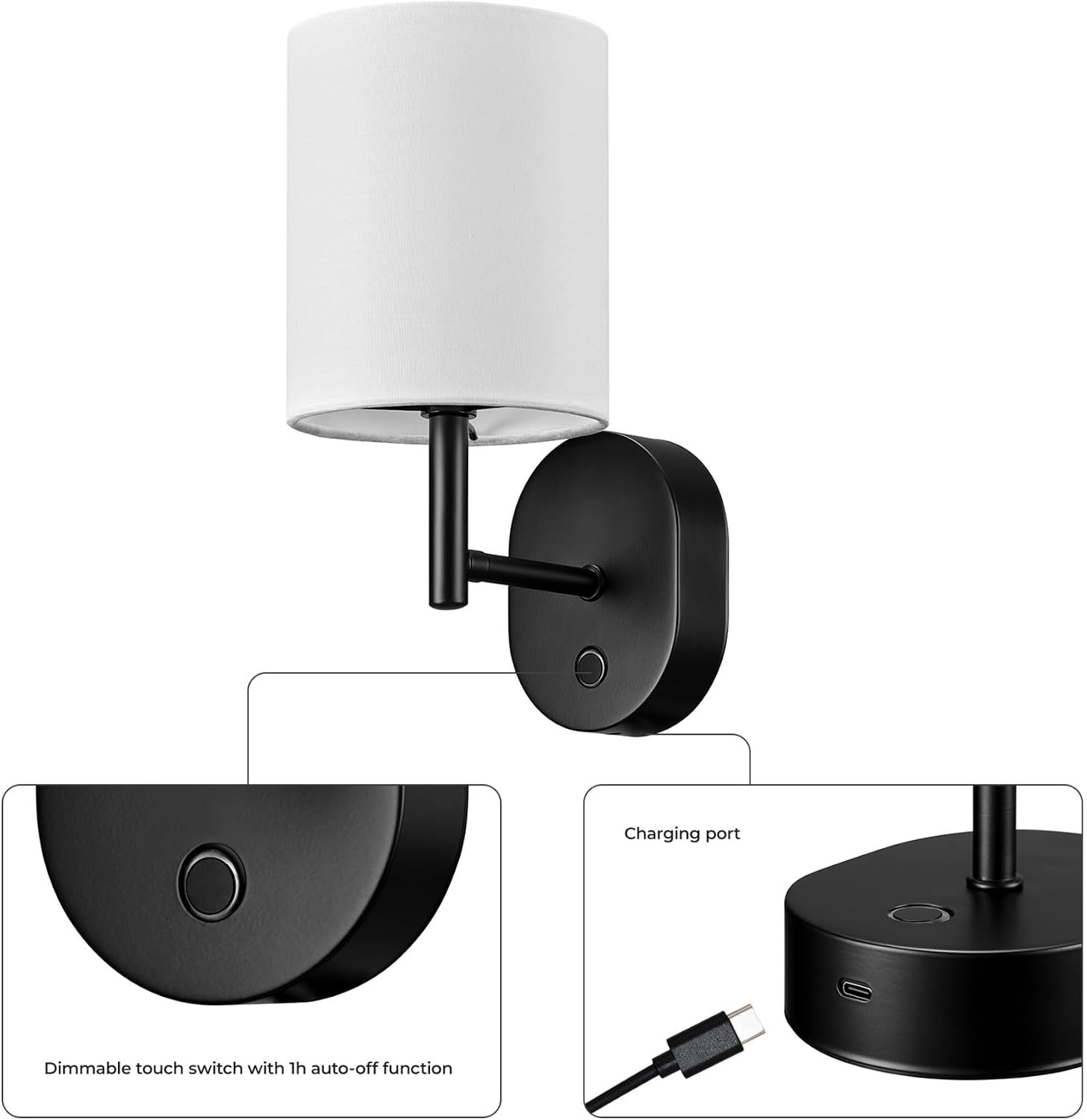 image:imageGLOBE Electric 65000108 Rechargeable Battery Wall Sconce LED Integrated Matte Black White Fabric Shade 3 Brightness Levels USBC Cable Included 15W 150 Lumens 3000 Kelvin 90CRI
