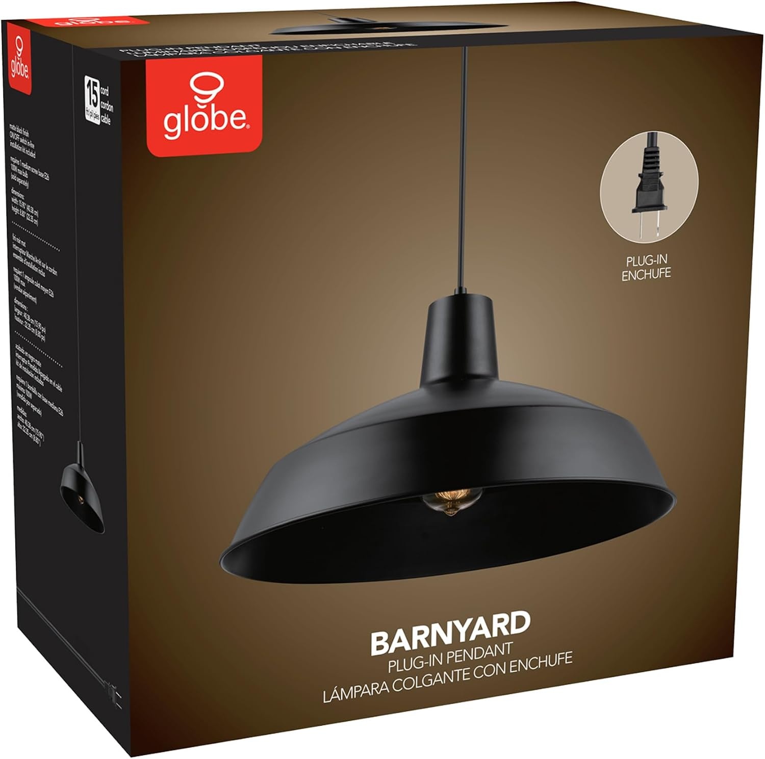 image:imageGLOBE Electric 65155 1Light Industrial Warehouse Pendant Lighting Matte Black Hanging Lamp Hanging Lights Ceiling Light FixtureBarnyard Black PlugIn