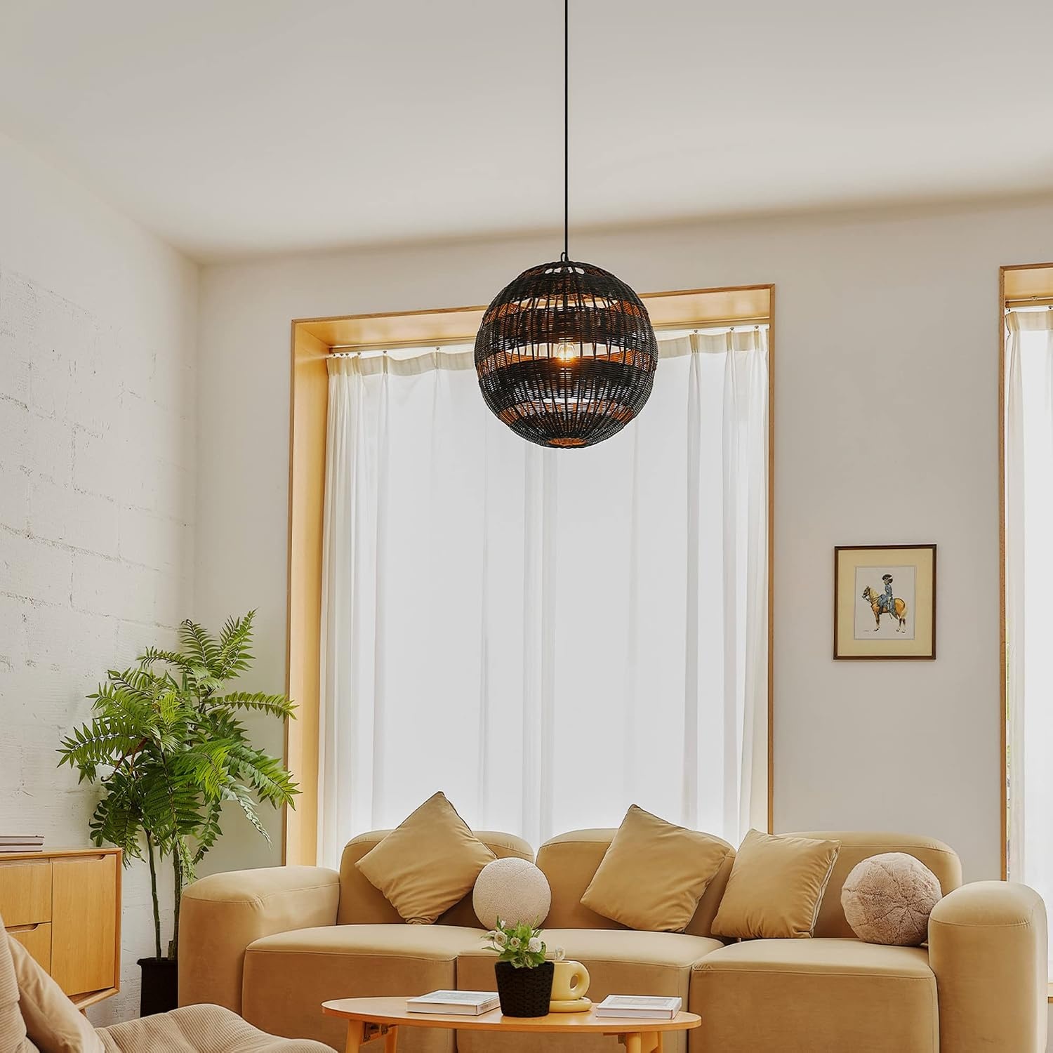 image:imageGLOBE Electric 65470 1Light Chandelier Matte Black Shade and Canopy Natural Twine Cloth Cord Modern Hanging Lights for Kitchen Island Bedroom or Dining Room Dimmer Switch CompatibleBeth