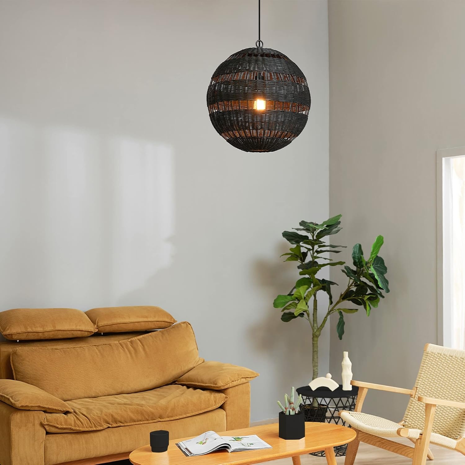 image:imageGLOBE Electric 65470 1Light Chandelier Matte Black Shade and Canopy Natural Twine Cloth Cord Modern Hanging Lights for Kitchen Island Bedroom or Dining Room Dimmer Switch CompatibleBeth
