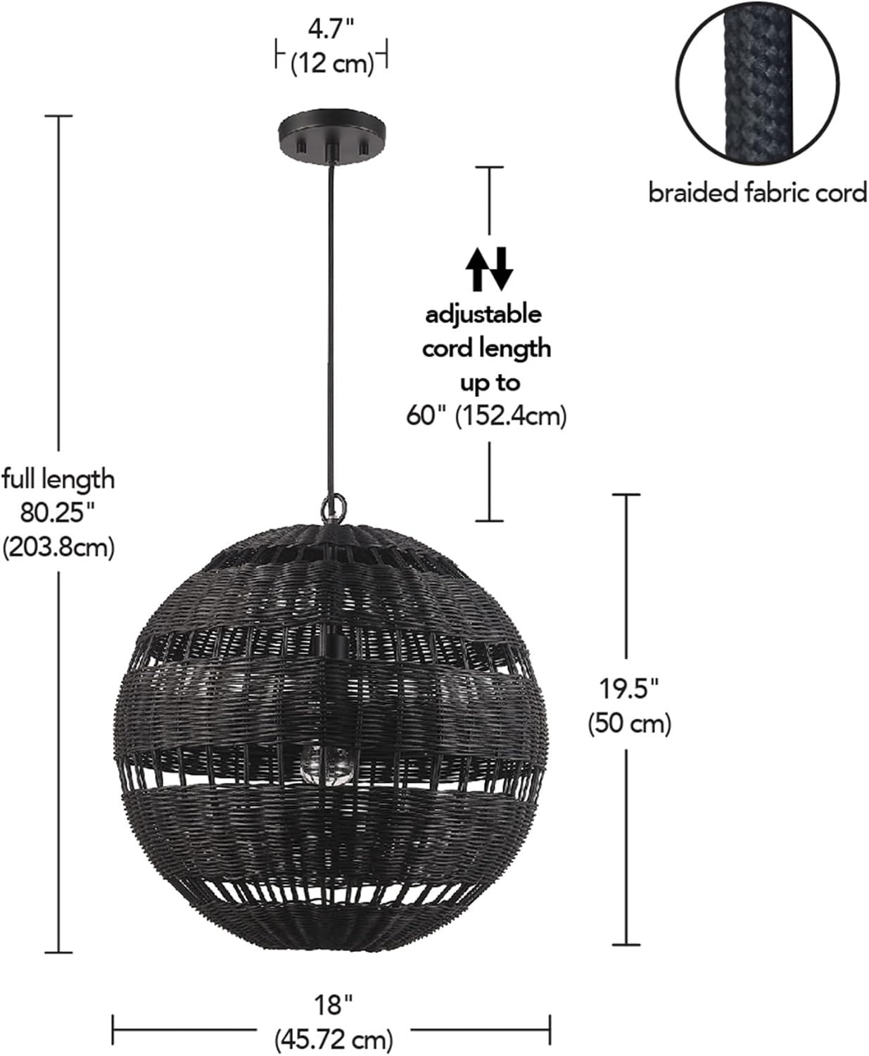 image:imageGLOBE Electric 65470 1Light Chandelier Matte Black Shade and Canopy Natural Twine Cloth Cord Modern Hanging Lights for Kitchen Island Bedroom or Dining Room Dimmer Switch CompatibleBeth