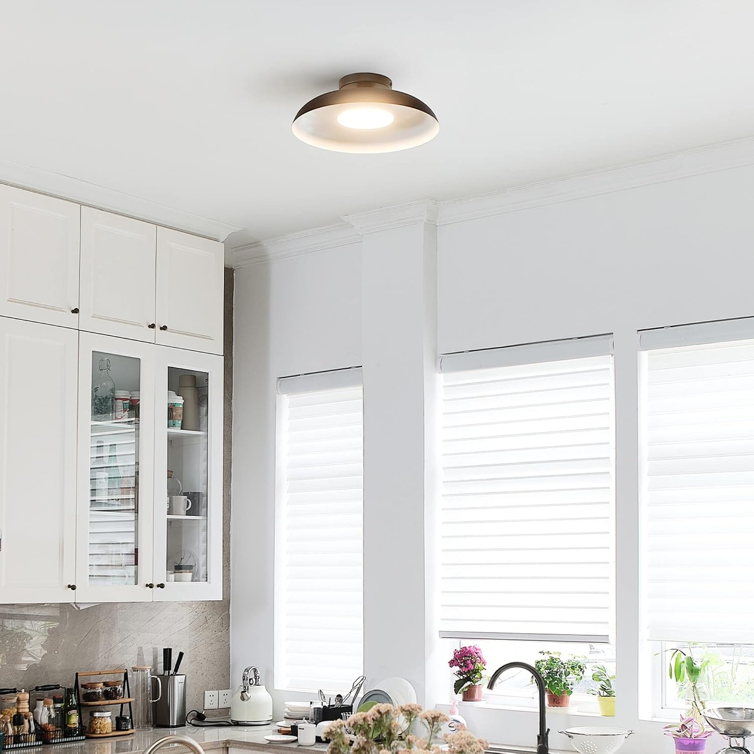 image:imageGLOBE Electric 66000075 1Light 21W Dimmable LED Flush Mount Ceiling Light Matte Black White Interior Shade 800 Lumens 3000 Kelvin 90 CRI Ceiling Light for Bedroom Lighting for Hallway
