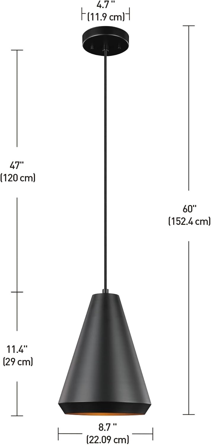 image:imageGLOBE Electric 67000153 1Light Plugin or Hardwire Pendant Light Fixture Matte Black Brass Accents Living Room Pendant Light Dining Room Fixture Hanging Lamp Hanging Lights for BedroomMatte Black