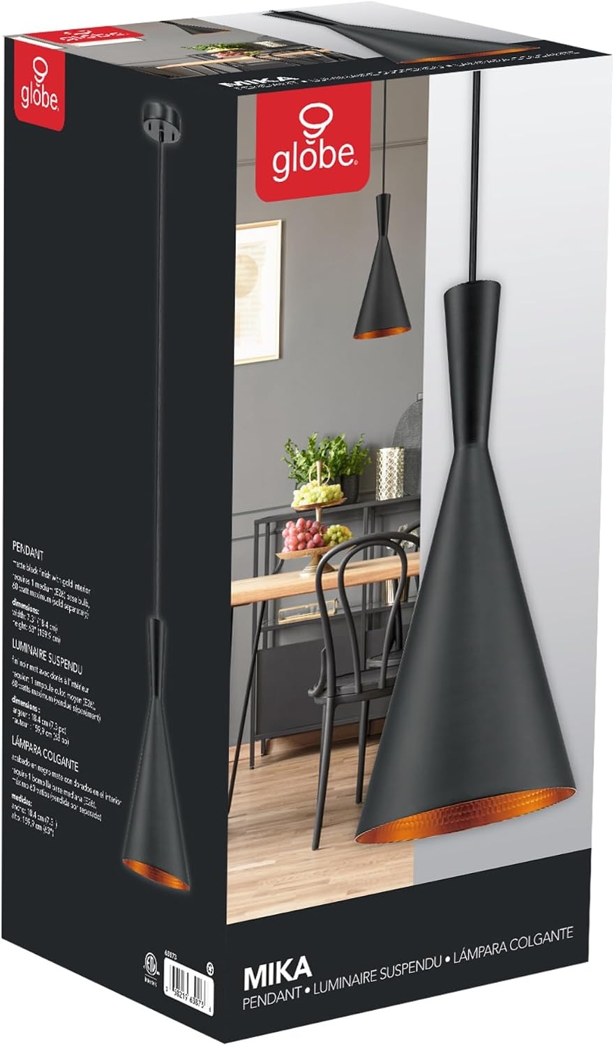 image:imageGLOBE Electric 67000153 1Light Plugin or Hardwire Pendant Light Fixture Matte Black Brass Accents Living Room Pendant Light Dining Room Fixture Hanging Lamp Hanging Lights for BedroomMatte Black Gold