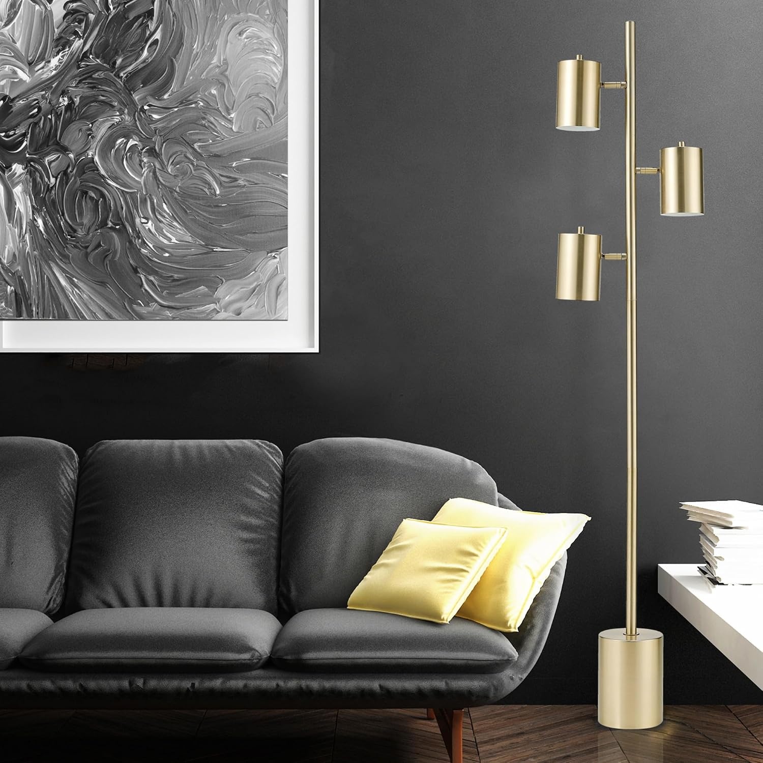 image:imageGLOBE Electric x Novogratz 67354 67 3Light Tree Floor Lamp Matte Black Brass Accents Adjustable Pivoting Heads Modern Standing Light for Living Room or Office E26 Base Upscale IndustrialGold