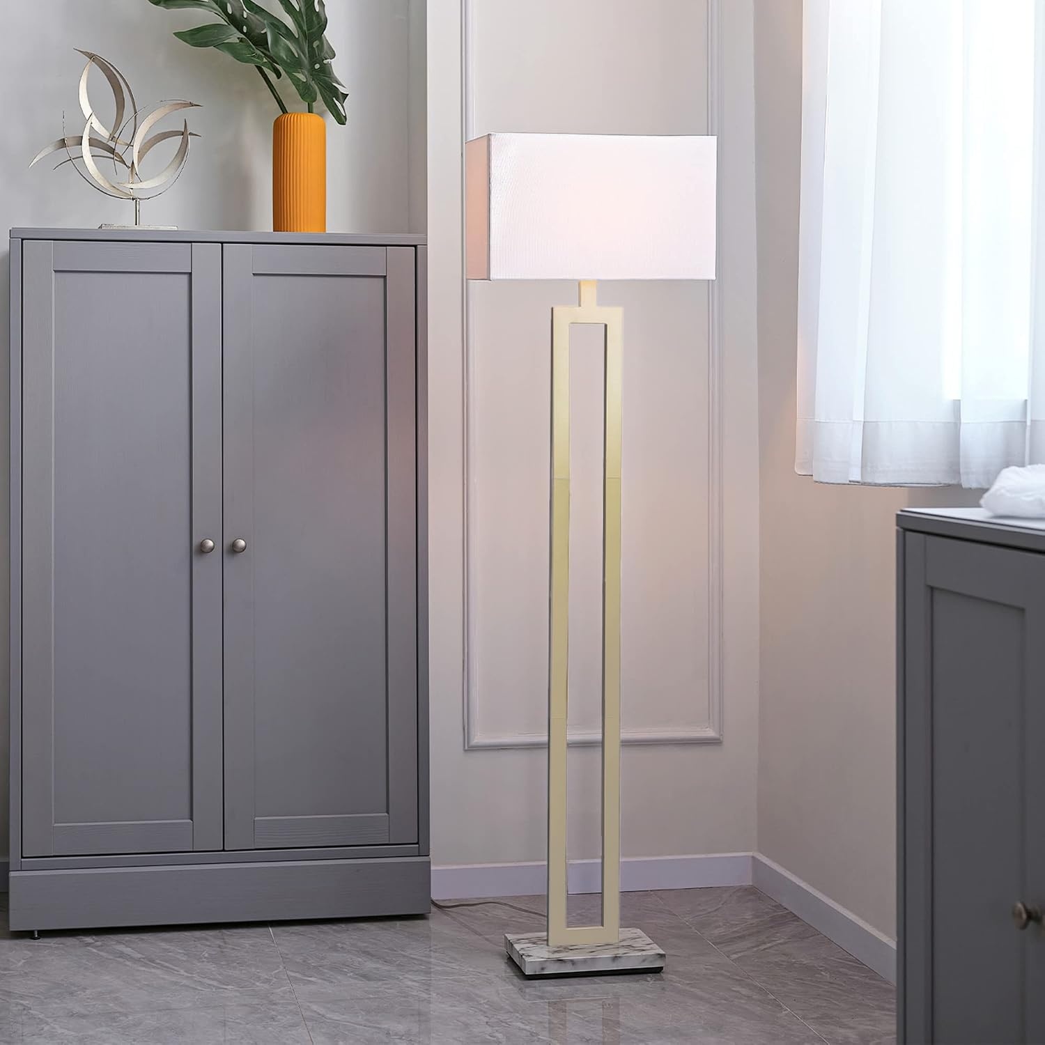 image:imageGlobe Electric 12273 DAlessio 58 Floor Lamp Gold White Linen Shade Faux Marble Base OnOff Socket Rotary Switch Title 20 LED Bulb Included