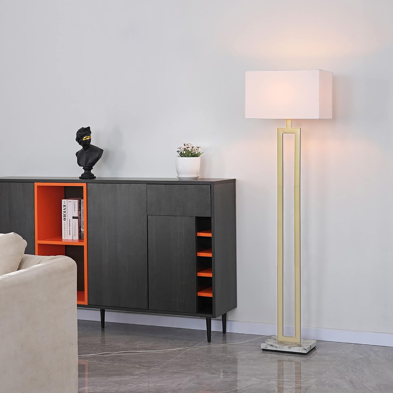 image:imageGlobe Electric 12273 DAlessio 58 Floor Lamp Gold White Linen Shade Faux Marble Base OnOff Socket Rotary Switch Title 20 LED Bulb Included