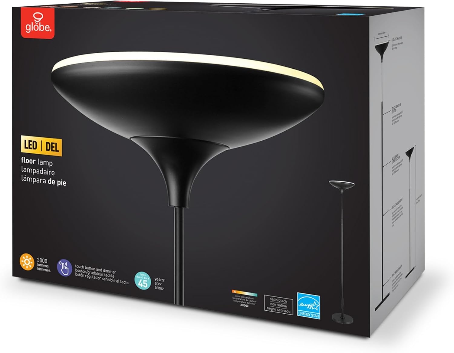 image:imageGlobe Electric 12784 LED Floor Lamp Torchiere Energy Star Certified Dimmable Super Bright 43W 3010 Lumens Matte Black Finish 709Black