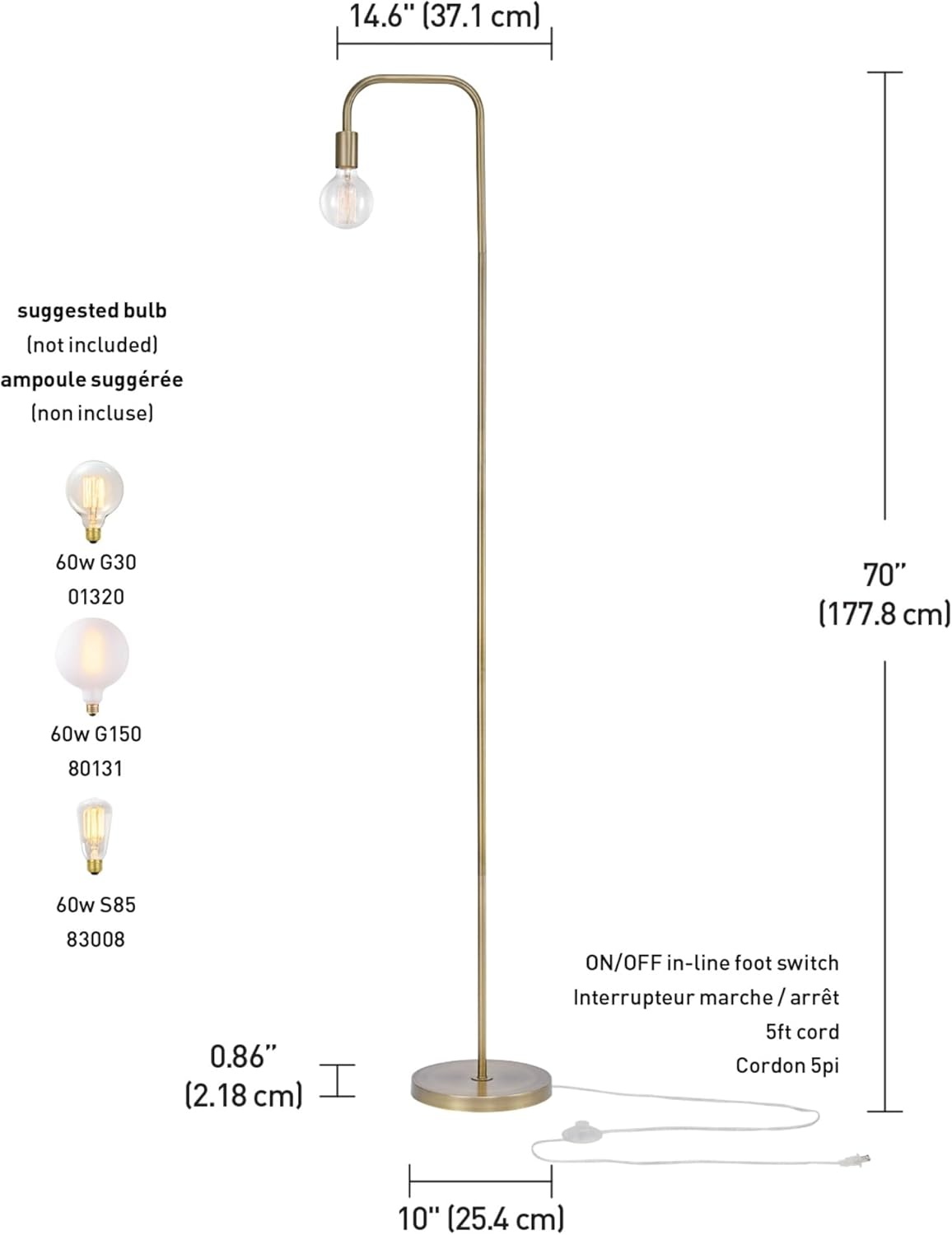 image:imageGlobe Electric 12937 Holden 70 Floor Lamp Black Satin Finish inLine OnOff Foot SwitchMatte Brass
