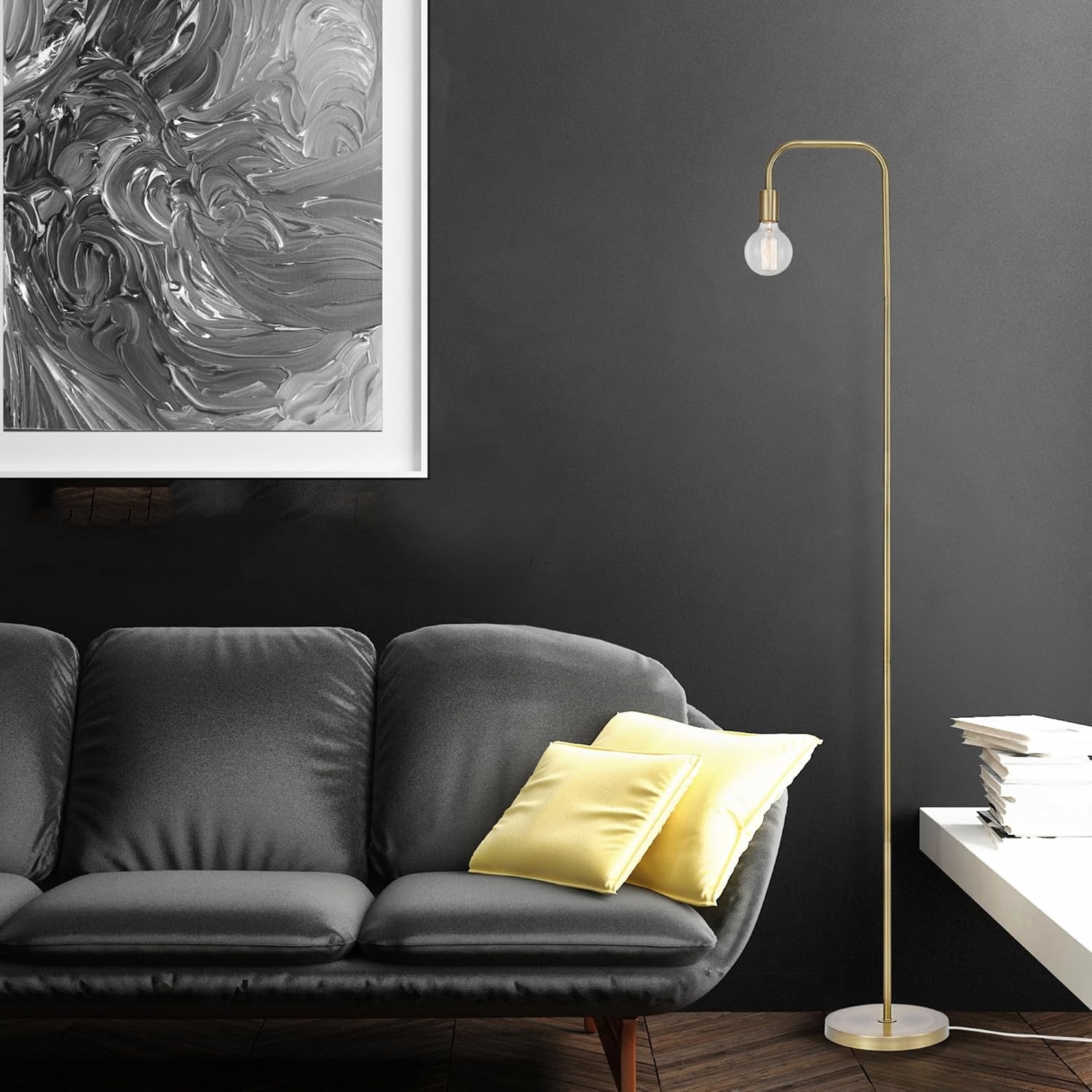 image:imageGlobe Electric 12937 Holden 70 Floor Lamp Black Satin Finish inLine OnOff Foot SwitchMatte Brass