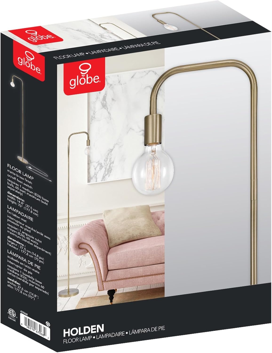image:imageGlobe Electric 12937 Holden 70 Floor Lamp Black Satin Finish inLine OnOff Foot SwitchMatte Brass