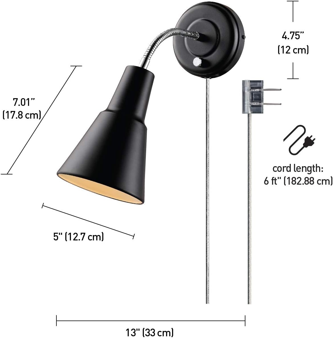 image:imageGlobe Electric 13064 Sophie 1Light Plugin or Hardwire Wall Sconce Chrome Gooseneck Matte Rose 6ft Clear Cord Bulb Not IncludedBlack