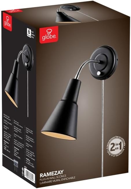 image:imageGlobe Electric 13064 Sophie 1Light Plugin or Hardwire Wall Sconce Chrome Gooseneck Matte Rose 6ft Clear Cord Bulb Not IncludedBlack