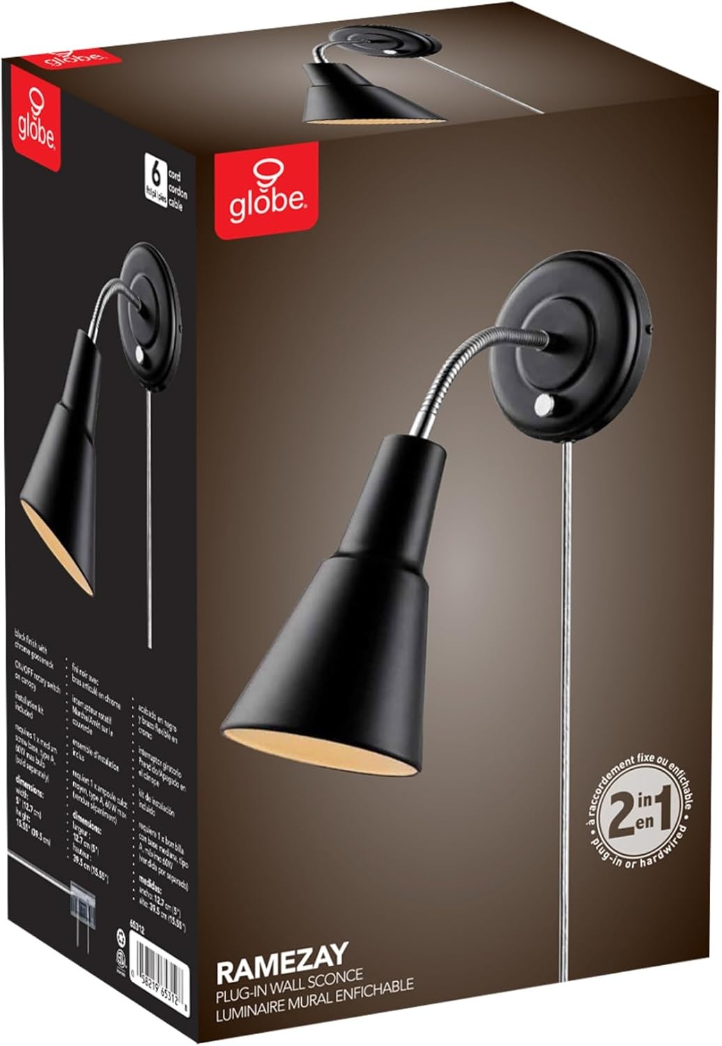 image:imageGlobe Electric 13064 Sophie 1Light Plugin or Hardwire Wall Sconce Chrome Gooseneck Matte Rose 6ft Clear Cord Bulb Not IncludedBlack