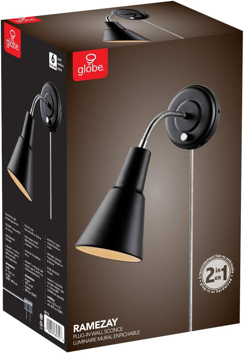 image:imageGlobe Electric 13064 Sophie 1Light Plugin or Hardwire Wall Sconce Chrome Gooseneck Matte Rose 6ft Clear Cord Bulb Not IncludedBlack
