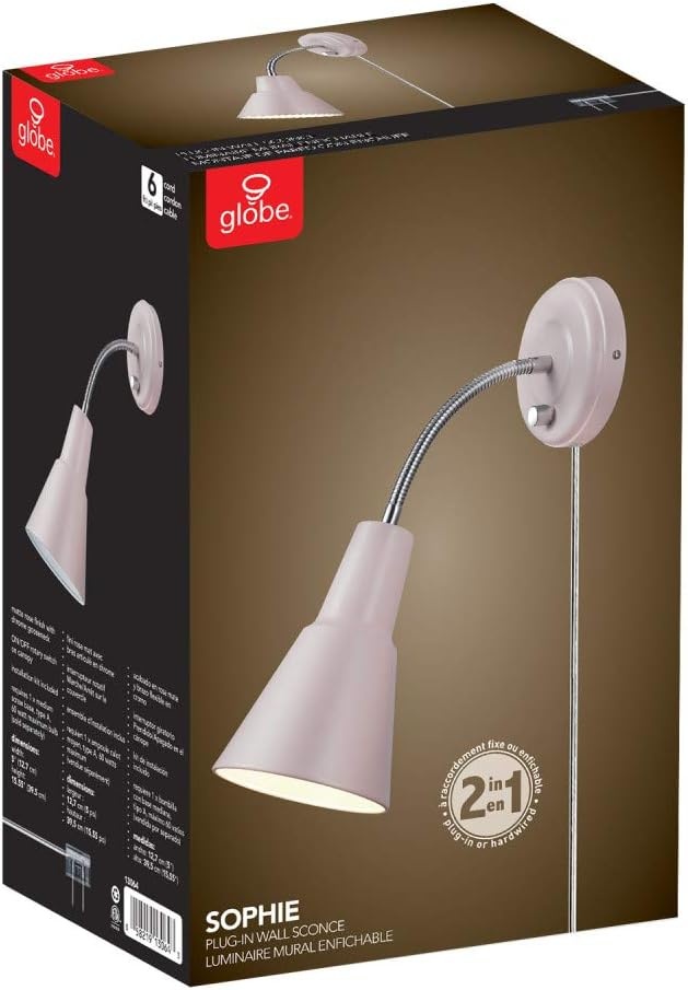 image:imageGlobe Electric 13064 Sophie 1Light Plugin or Hardwire Wall Sconce Chrome Gooseneck Matte Rose 6ft Clear Cord Bulb Not IncludedPink