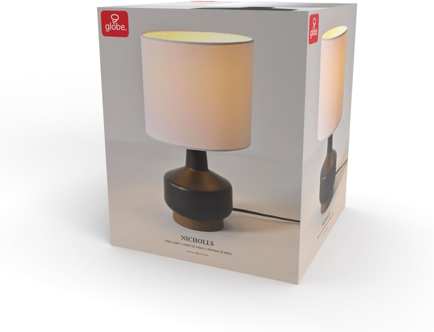 image:imageGlobe Electric 15 Ceramic Table Lamp Matte Black Base WoodToned Accent White Linen Shade Dual Rotary Switch Modern Bedroom or Office Lighting 61000046Black