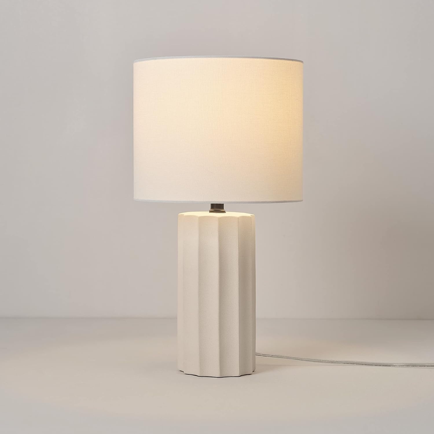 image:imageGlobe Electric 15 Ceramic Table Lamp Matte Black Base WoodToned Accent White Linen Shade Dual Rotary Switch Modern Bedroom or Office Lighting 61000046White Doris