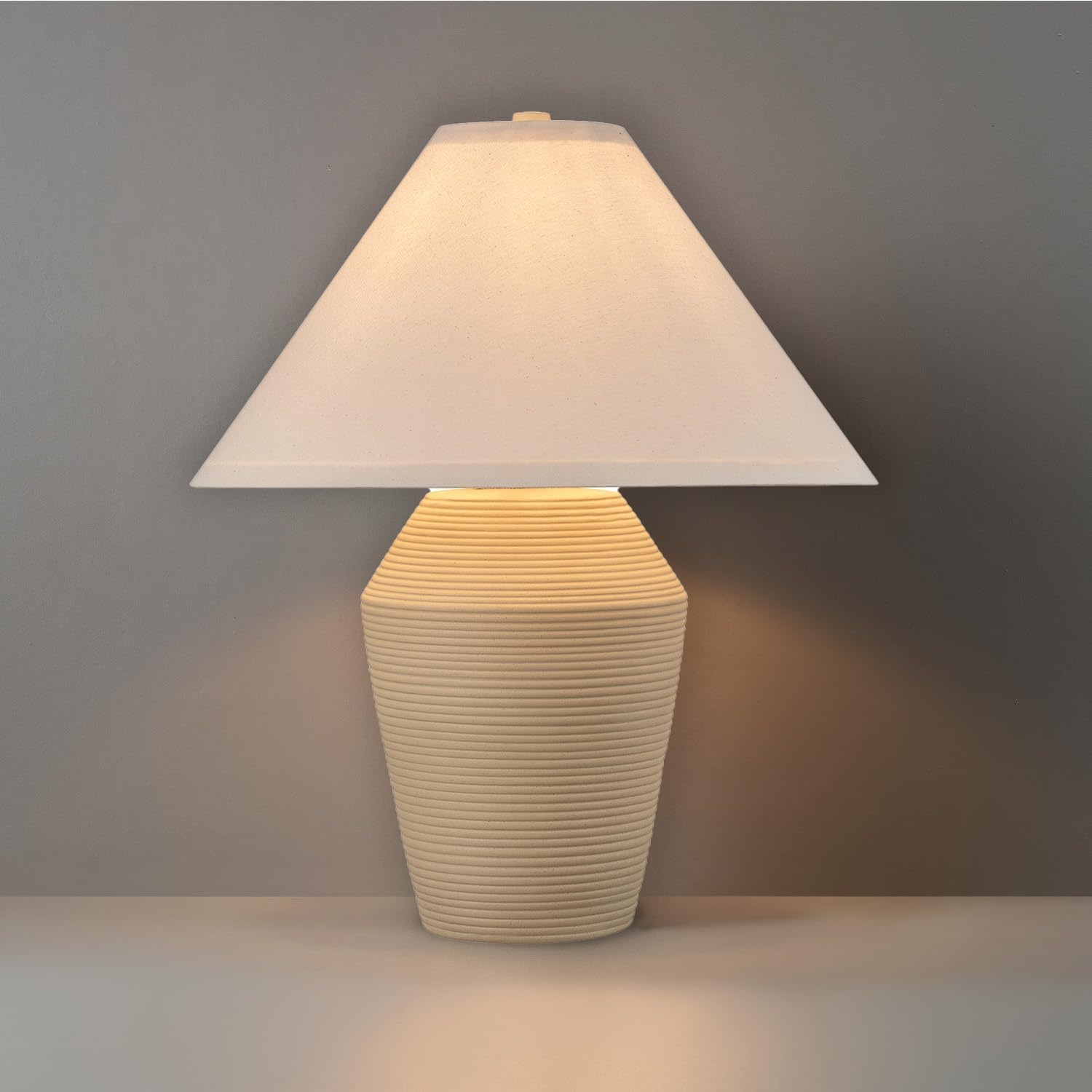 image:imageGlobe Electric 15 Ceramic Table Lamp Matte Black Base WoodToned Accent White Linen Shade Dual Rotary Switch Modern Bedroom or Office Lighting 61000046Tan
