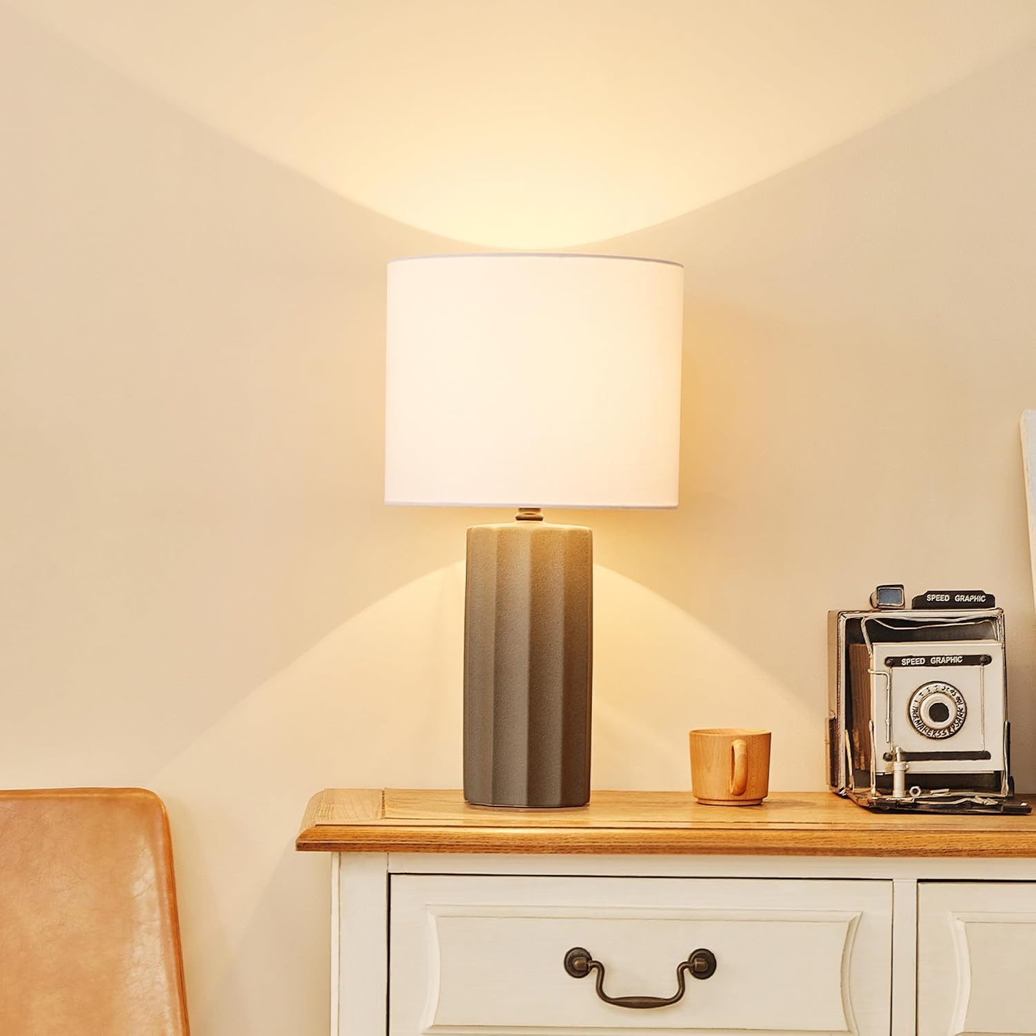 image:imageGlobe Electric 15 Ceramic Table Lamp Matte Black Base WoodToned Accent White Linen Shade Dual Rotary Switch Modern Bedroom or Office Lighting 61000046Dark Grey