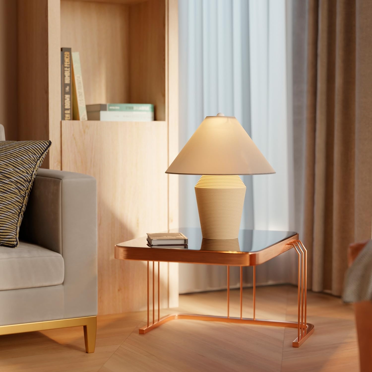 image:imageGlobe Electric 15 Ceramic Table Lamp Matte Black Base WoodToned Accent White Linen Shade Dual Rotary Switch Modern Bedroom or Office Lighting 61000046Tan