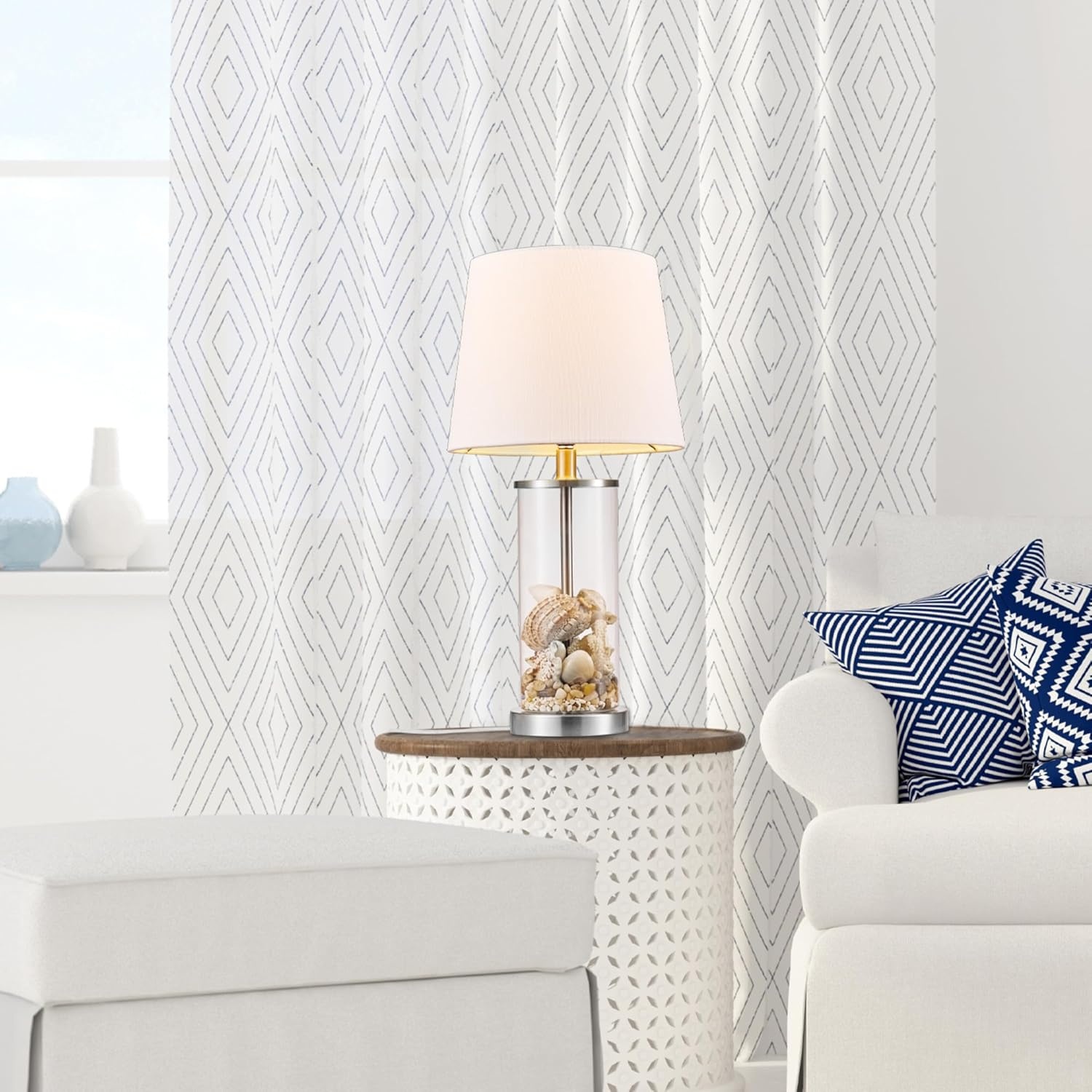 image:imageGlobe Electric 15 Ceramic Table Lamp Matte Black Base WoodToned Accent White Linen Shade Dual Rotary Switch Modern Bedroom or Office Lighting 61000046Steel Clear