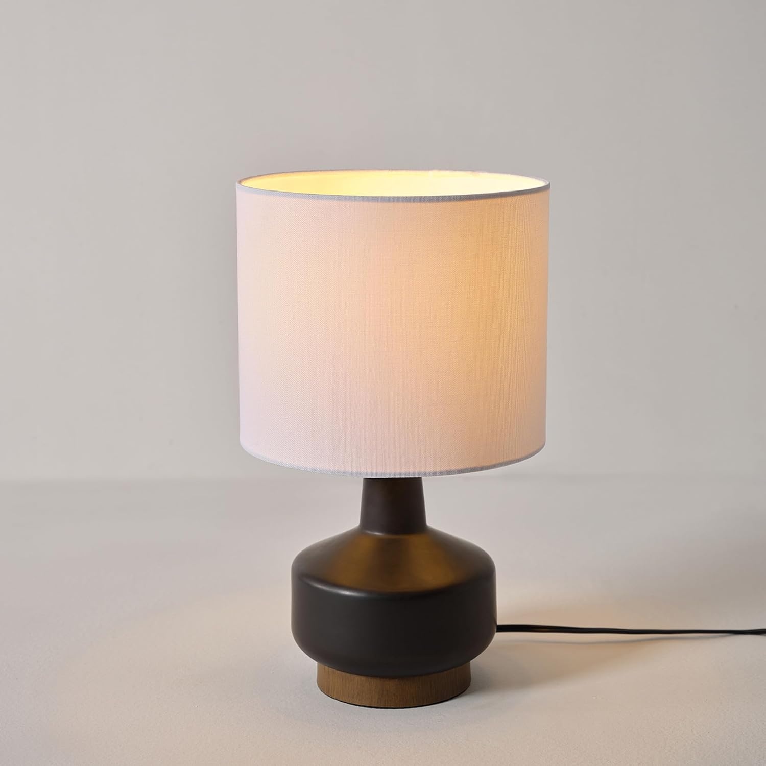 image:imageGlobe Electric 15 Ceramic Table Lamp Matte Black Base WoodToned Accent White Linen Shade Dual Rotary Switch Modern Bedroom or Office Lighting 61000046Black