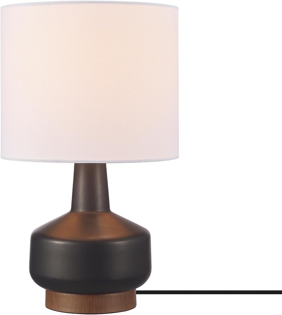 image:imageGlobe Electric 15 Ceramic Table Lamp Matte Black Base WoodToned Accent White Linen Shade Dual Rotary Switch Modern Bedroom or Office Lighting 61000046Black