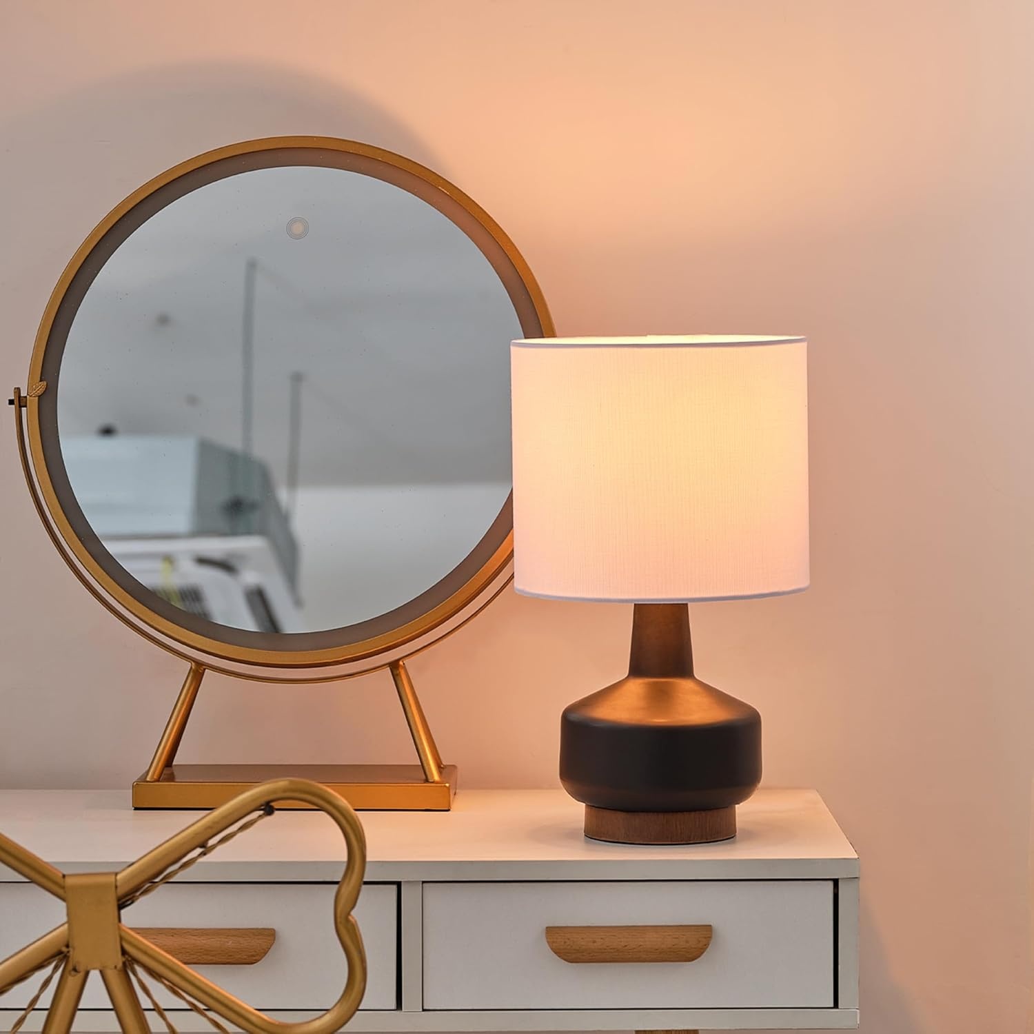 image:imageGlobe Electric 15 Ceramic Table Lamp Matte Black Base WoodToned Accent White Linen Shade Dual Rotary Switch Modern Bedroom or Office Lighting 61000046Black