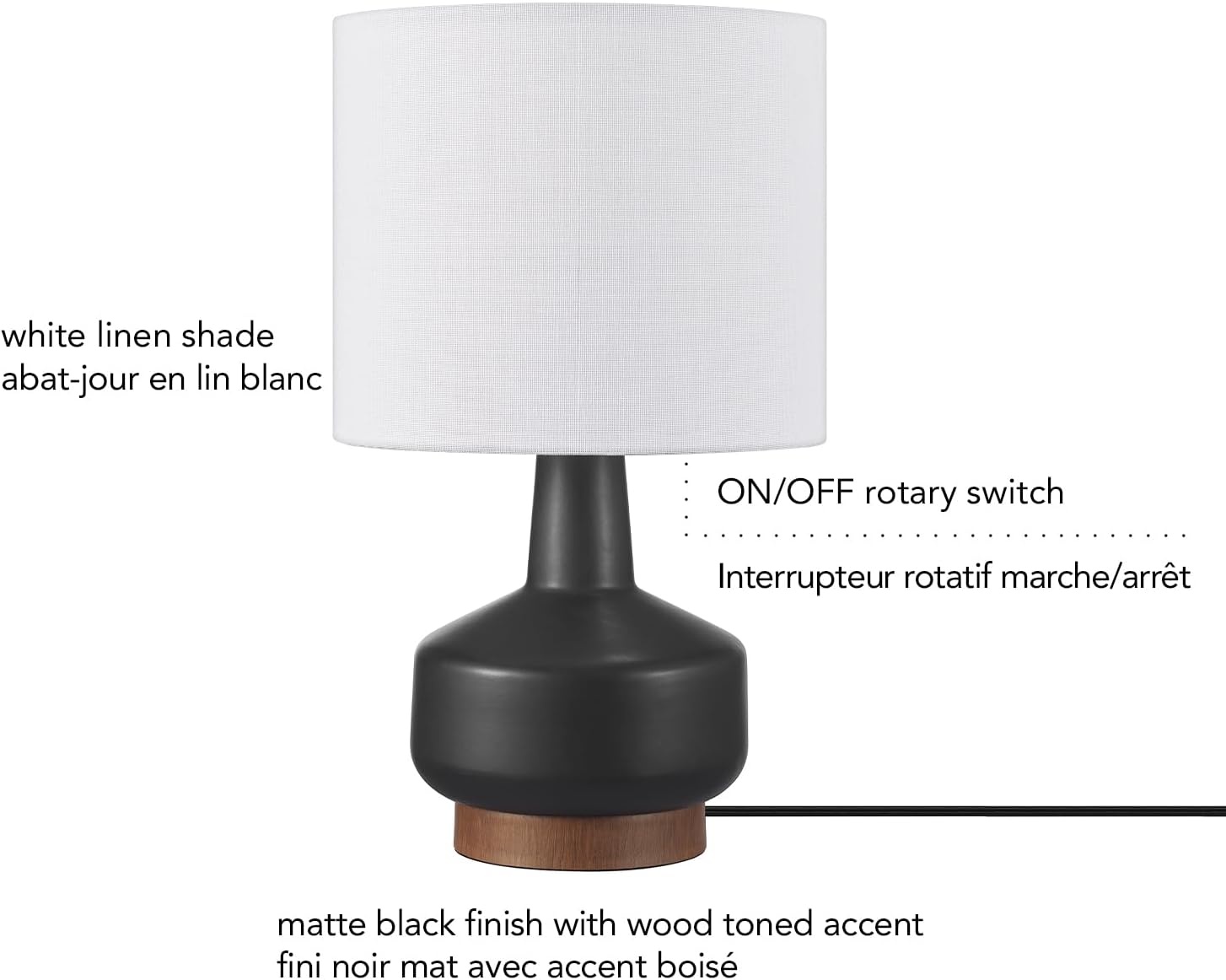 image:imageGlobe Electric 15 Ceramic Table Lamp Matte Black Base WoodToned Accent White Linen Shade Dual Rotary Switch Modern Bedroom or Office Lighting 61000046Black