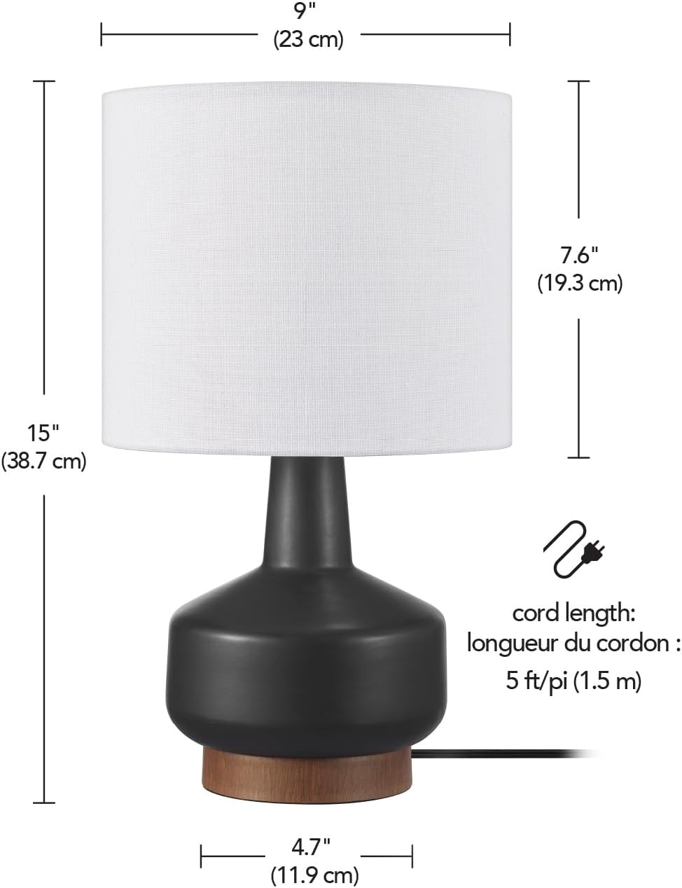 image:imageGlobe Electric 15 Ceramic Table Lamp Matte Black Base WoodToned Accent White Linen Shade Dual Rotary Switch Modern Bedroom or Office Lighting 61000046Black