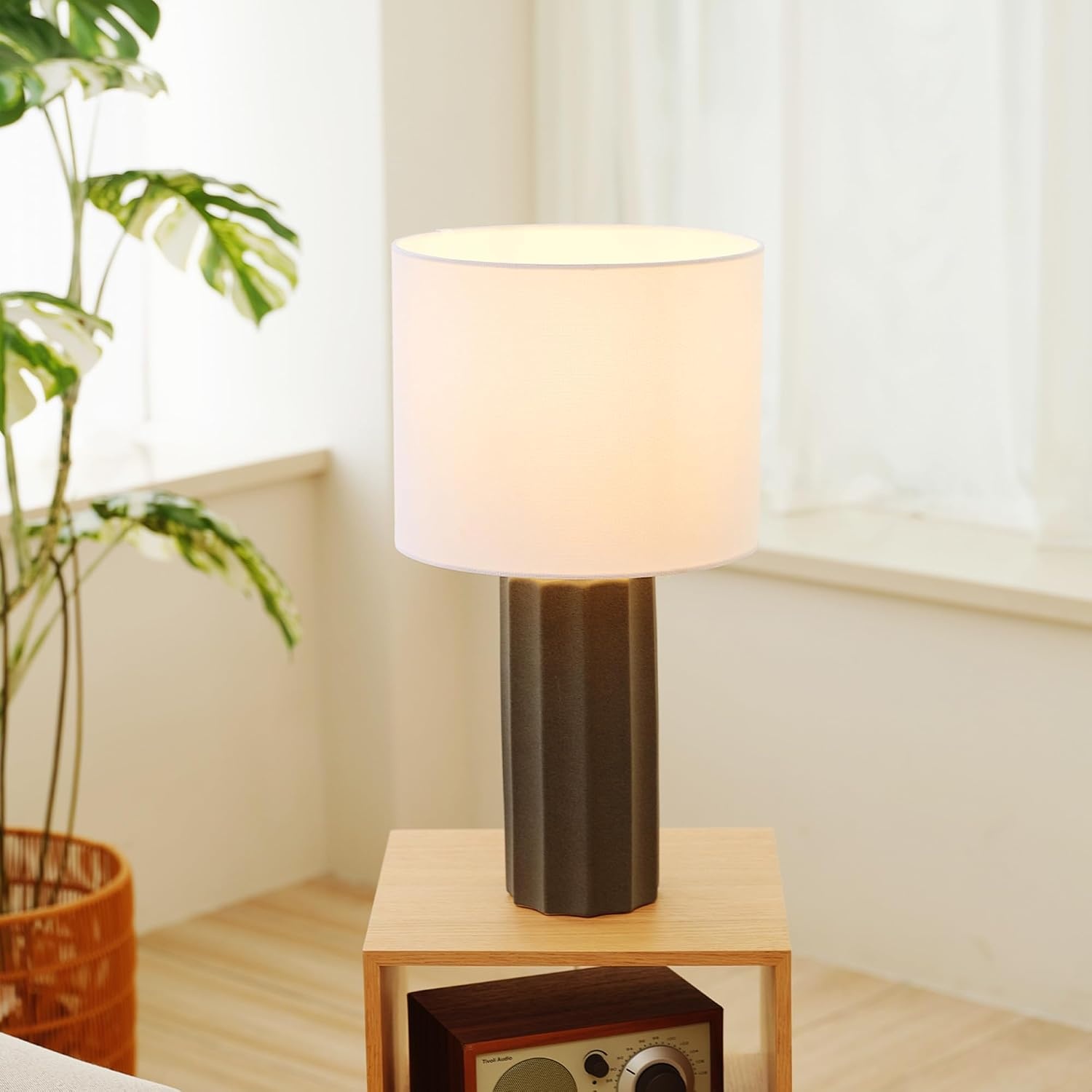image:imageGlobe Electric 15 Ceramic Table Lamp Matte Black Base WoodToned Accent White Linen Shade Dual Rotary Switch Modern Bedroom or Office Lighting 61000046Dark Grey