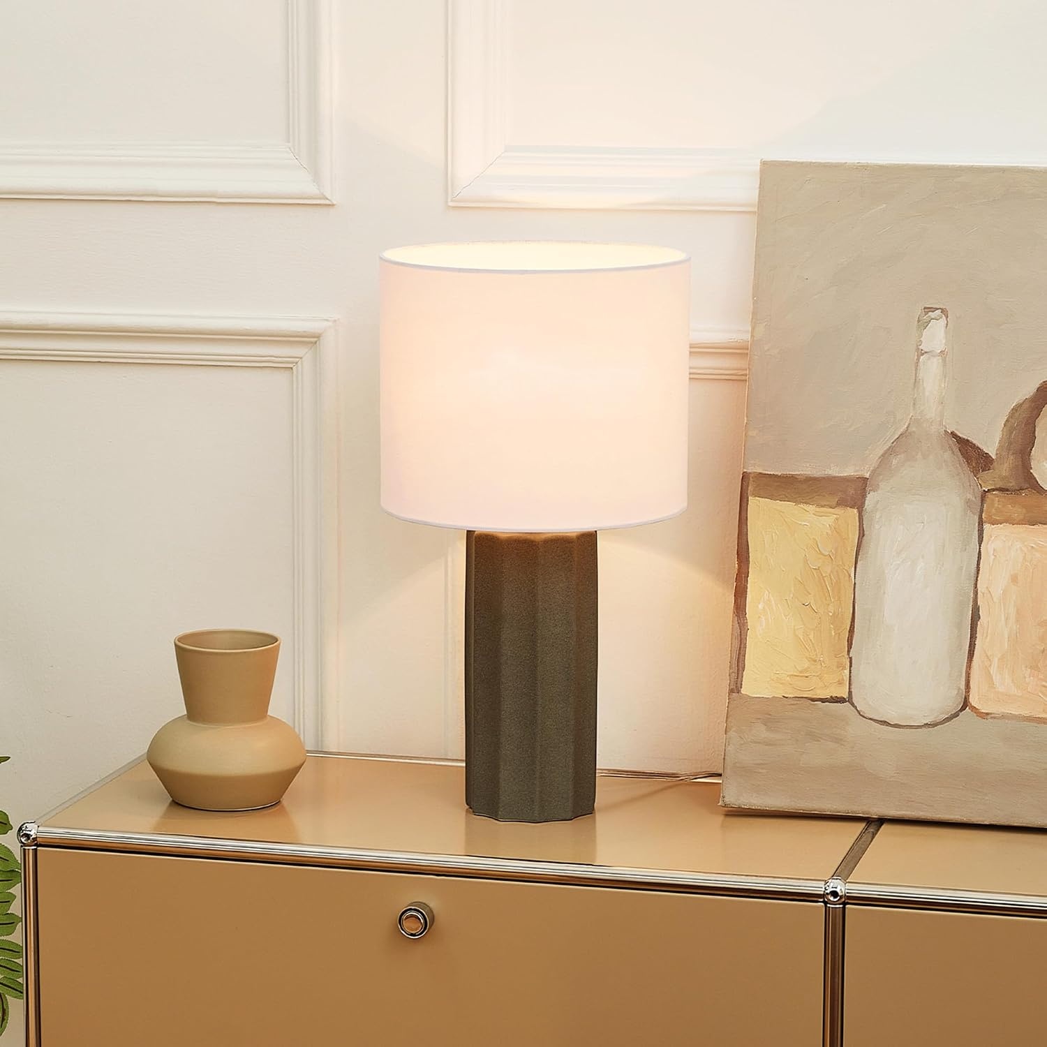 image:imageGlobe Electric 15 Ceramic Table Lamp Matte Black Base WoodToned Accent White Linen Shade Dual Rotary Switch Modern Bedroom or Office Lighting 61000046Dark Grey