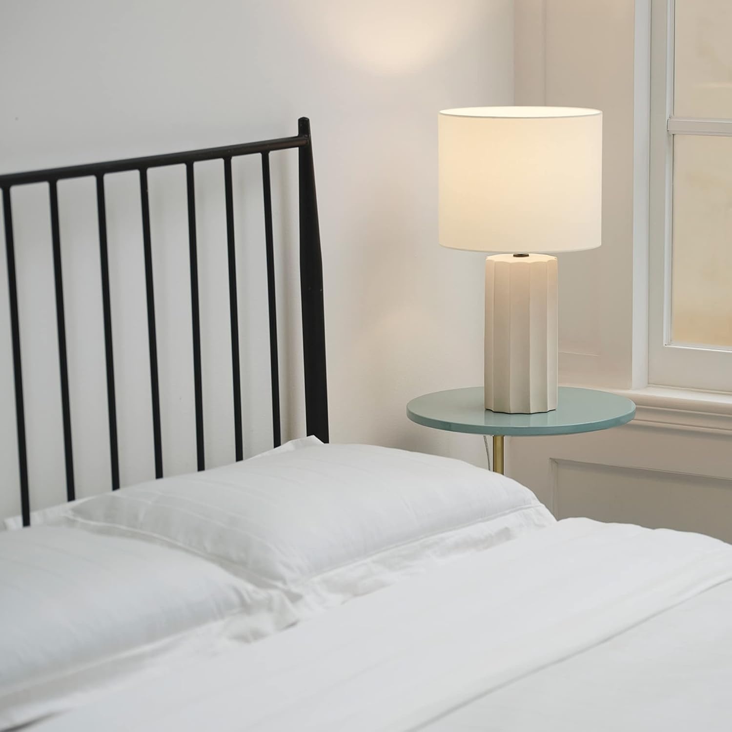 image:imageGlobe Electric 15 Ceramic Table Lamp Matte Black Base WoodToned Accent White Linen Shade Dual Rotary Switch Modern Bedroom or Office Lighting 61000046White Doris