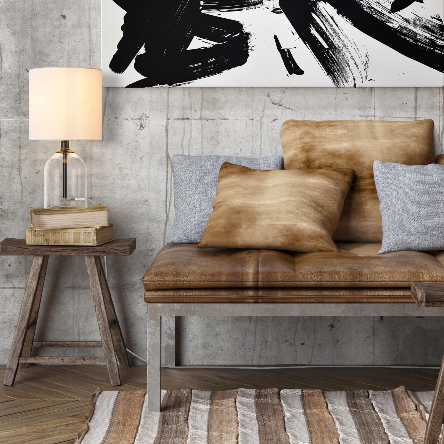 image:imageGlobe Electric 15 Ceramic Table Lamp Matte Black Base WoodToned Accent White Linen Shade Dual Rotary Switch Modern Bedroom or Office Lighting 61000046Matte Black