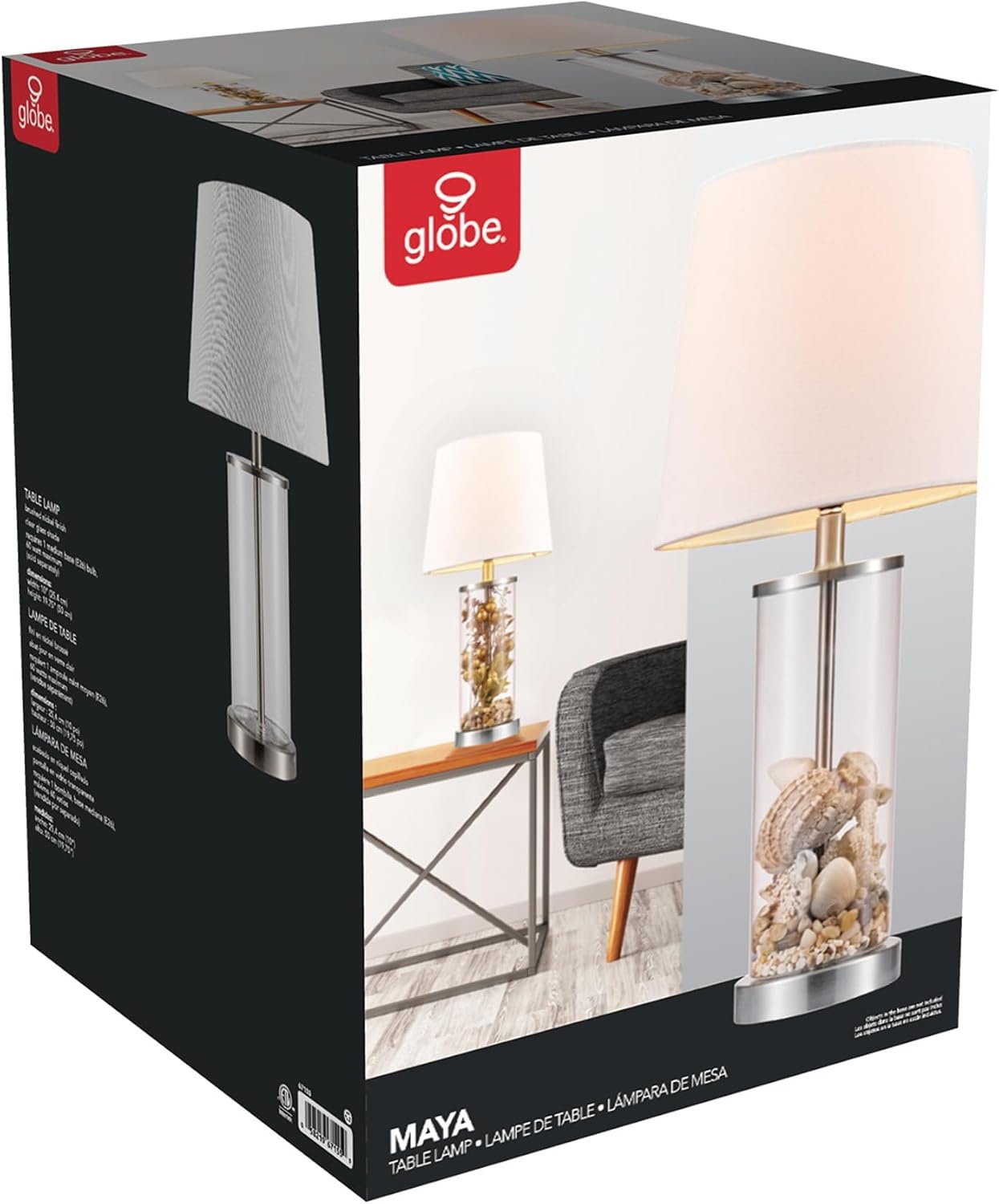 image:imageGlobe Electric 15 Ceramic Table Lamp Matte Black Base WoodToned Accent White Linen Shade Dual Rotary Switch Modern Bedroom or Office Lighting 61000046Steel Clear
