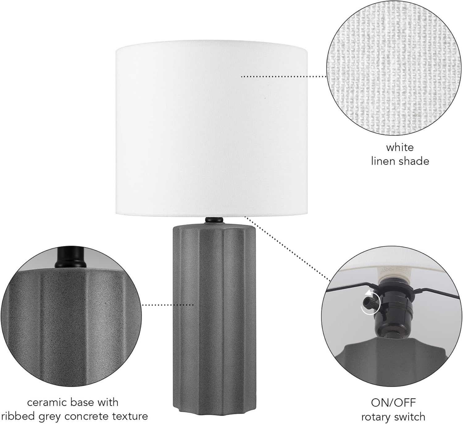 image:imageGlobe Electric 15 Ceramic Table Lamp Matte Black Base WoodToned Accent White Linen Shade Dual Rotary Switch Modern Bedroom or Office Lighting 61000046Dark Grey