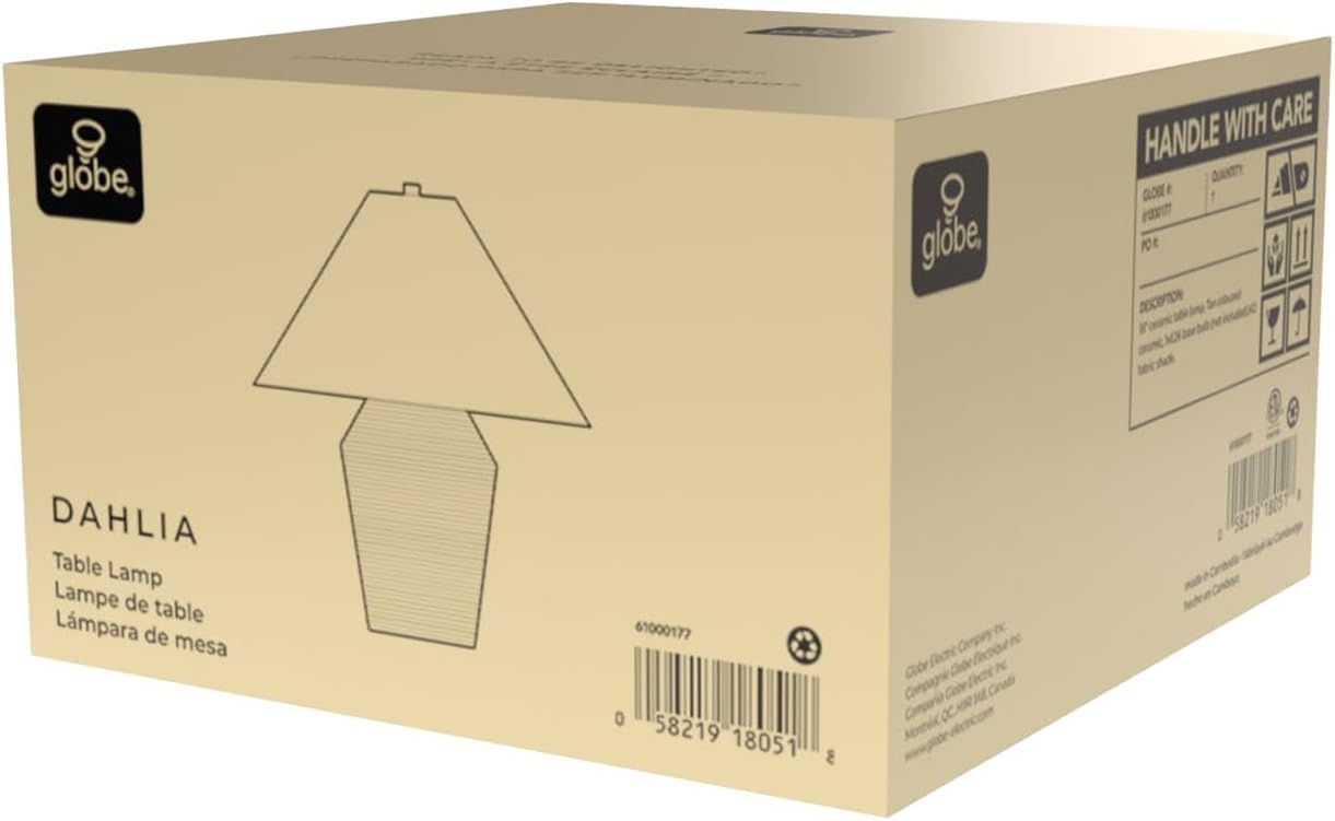 image:imageGlobe Electric 15 Ceramic Table Lamp Matte Black Base WoodToned Accent White Linen Shade Dual Rotary Switch Modern Bedroom or Office Lighting 61000046Tan