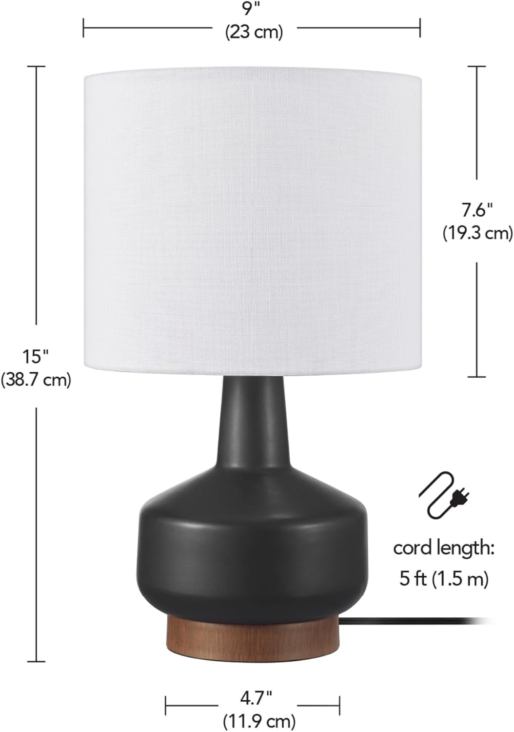 image:imageGlobe Electric 15 Ceramic Table Lamp Matte Black Base WoodToned Accent White Linen Shade Dual Rotary Switch Modern Bedroom or Office Lighting 61000046Black