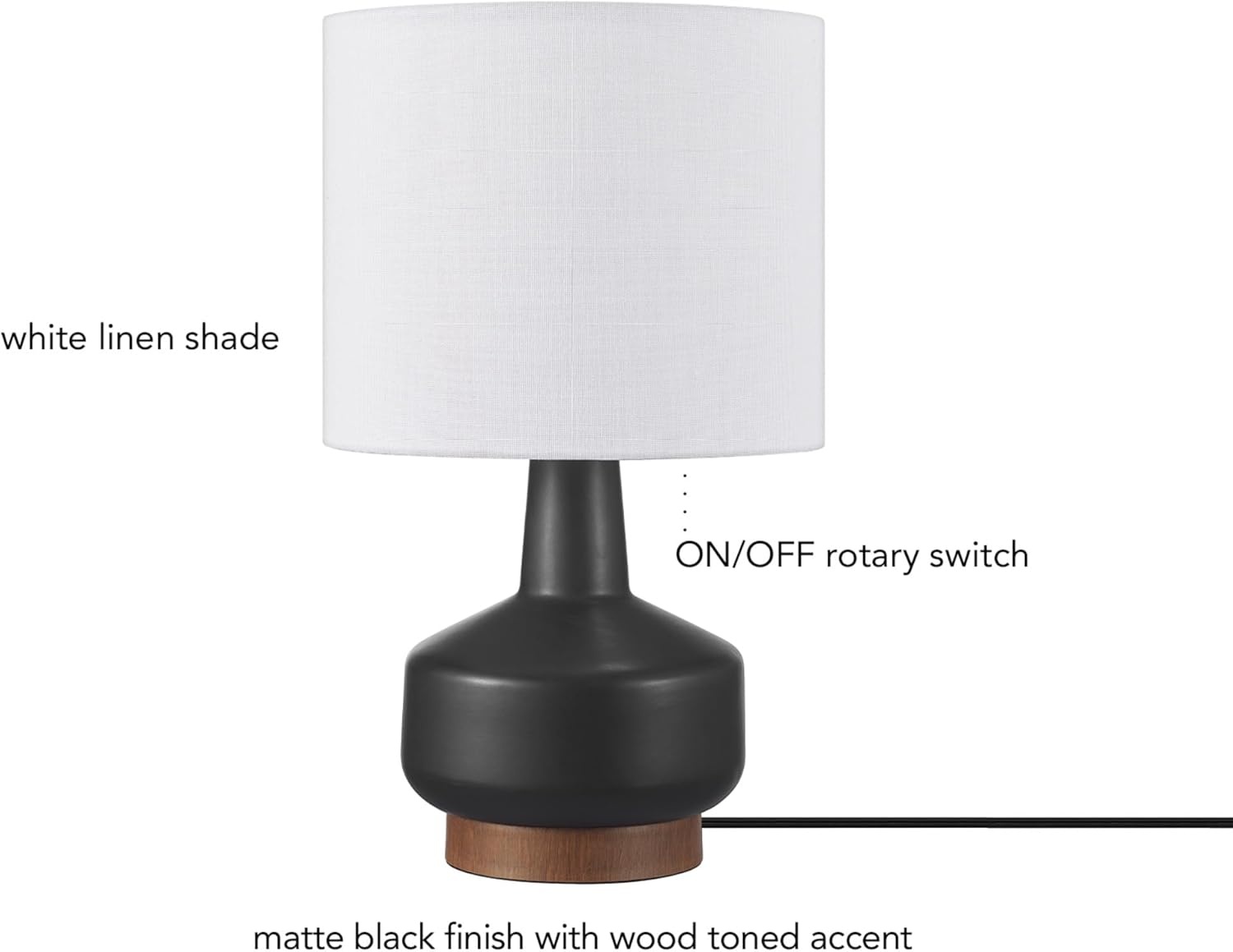 image:imageGlobe Electric 15 Ceramic Table Lamp Matte Black Base WoodToned Accent White Linen Shade Dual Rotary Switch Modern Bedroom or Office Lighting 61000046Black