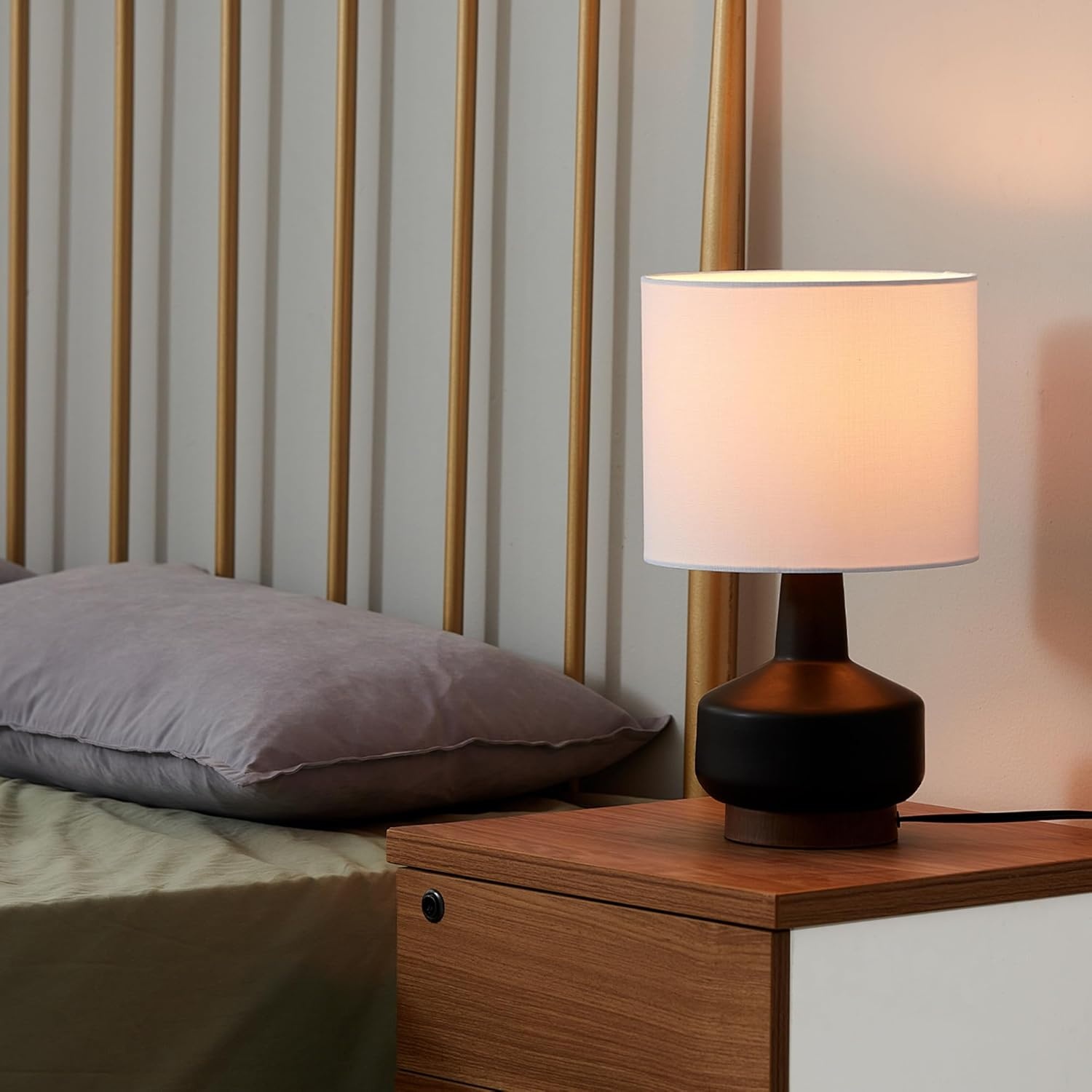 image:imageGlobe Electric 15 Ceramic Table Lamp Matte Black Base WoodToned Accent White Linen Shade Dual Rotary Switch Modern Bedroom or Office Lighting 61000046Black